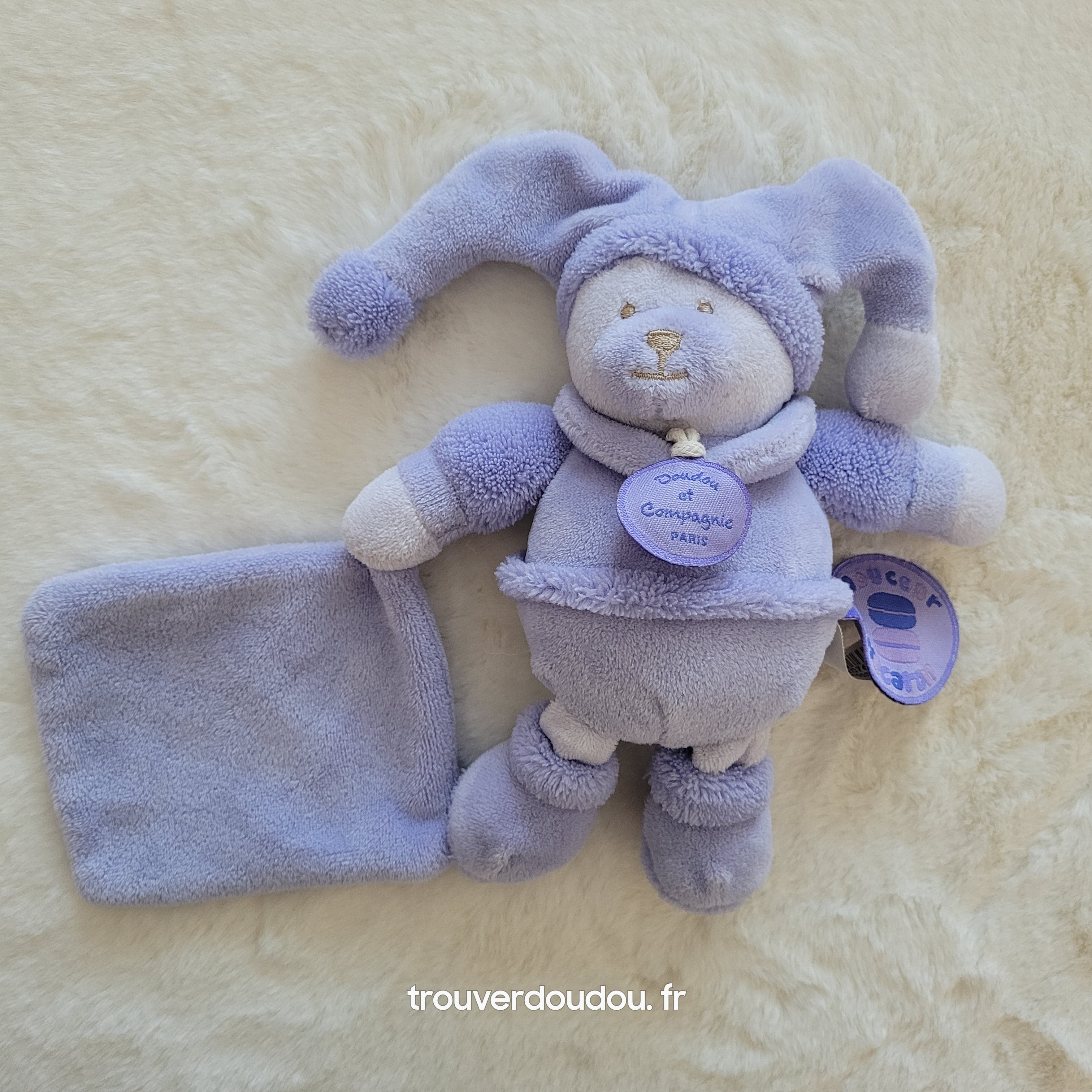 Doudou Ours "Douceur de Macaron" Mauve Lavande avec Mouchoir - Doudou et Compagnie - État Comme Neuf