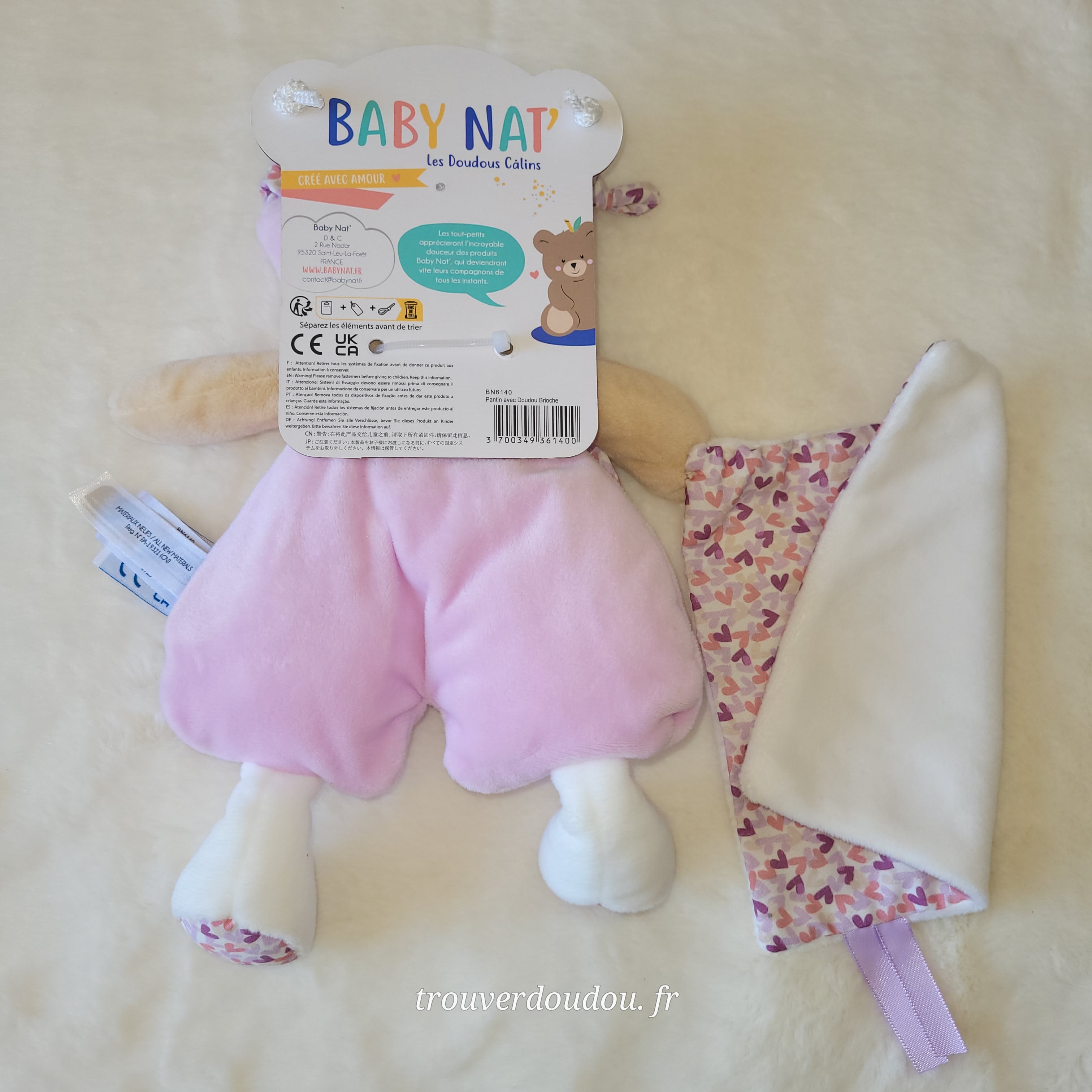 Doudou Pantin Ourson avec Brioche Rose - Baby Nat' - BN6140 - NEUF BN6140