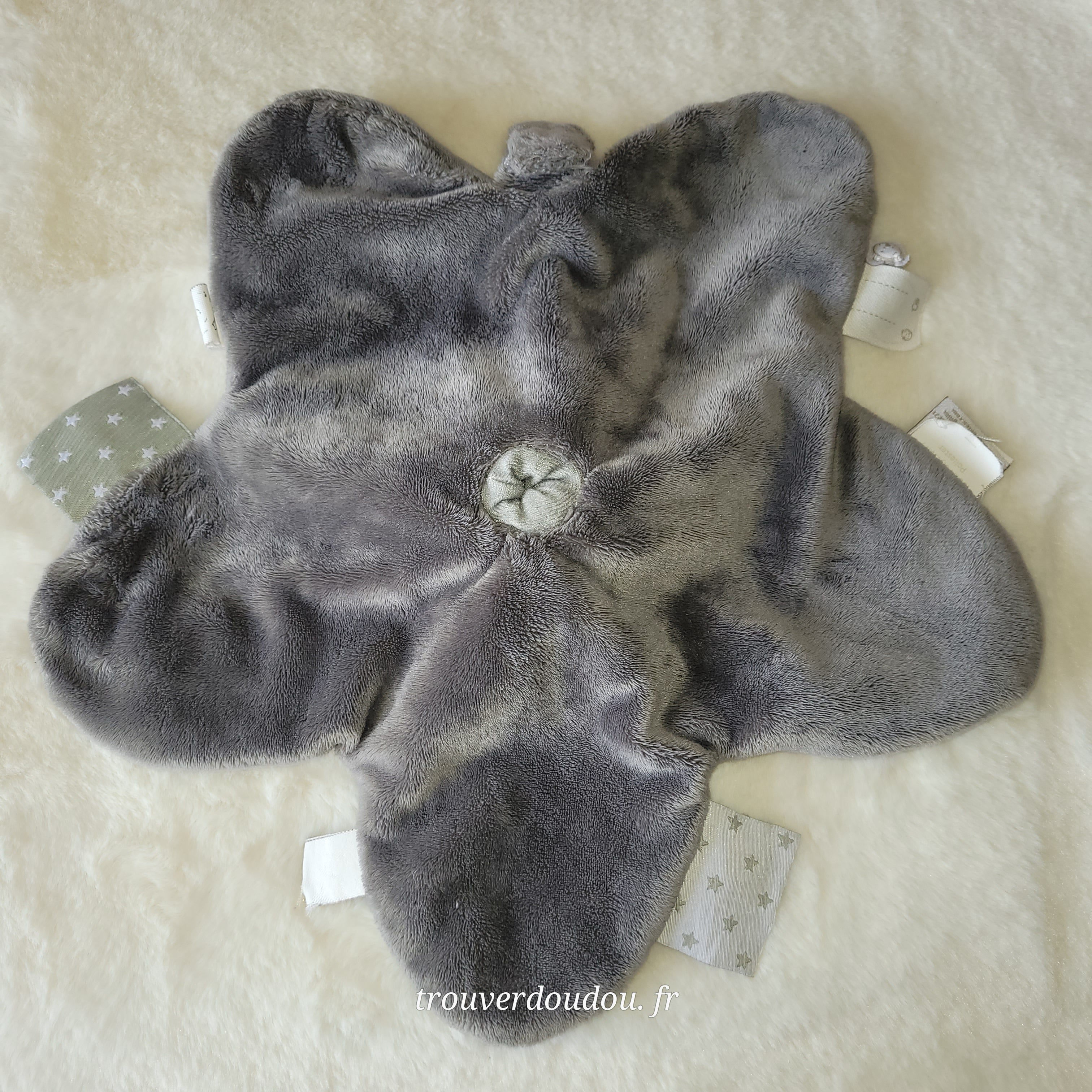 Doudou Plat Âne "Paco" Blanc et Gris Étoiles - Noukie's - Attache-Sucette - Très Bon État