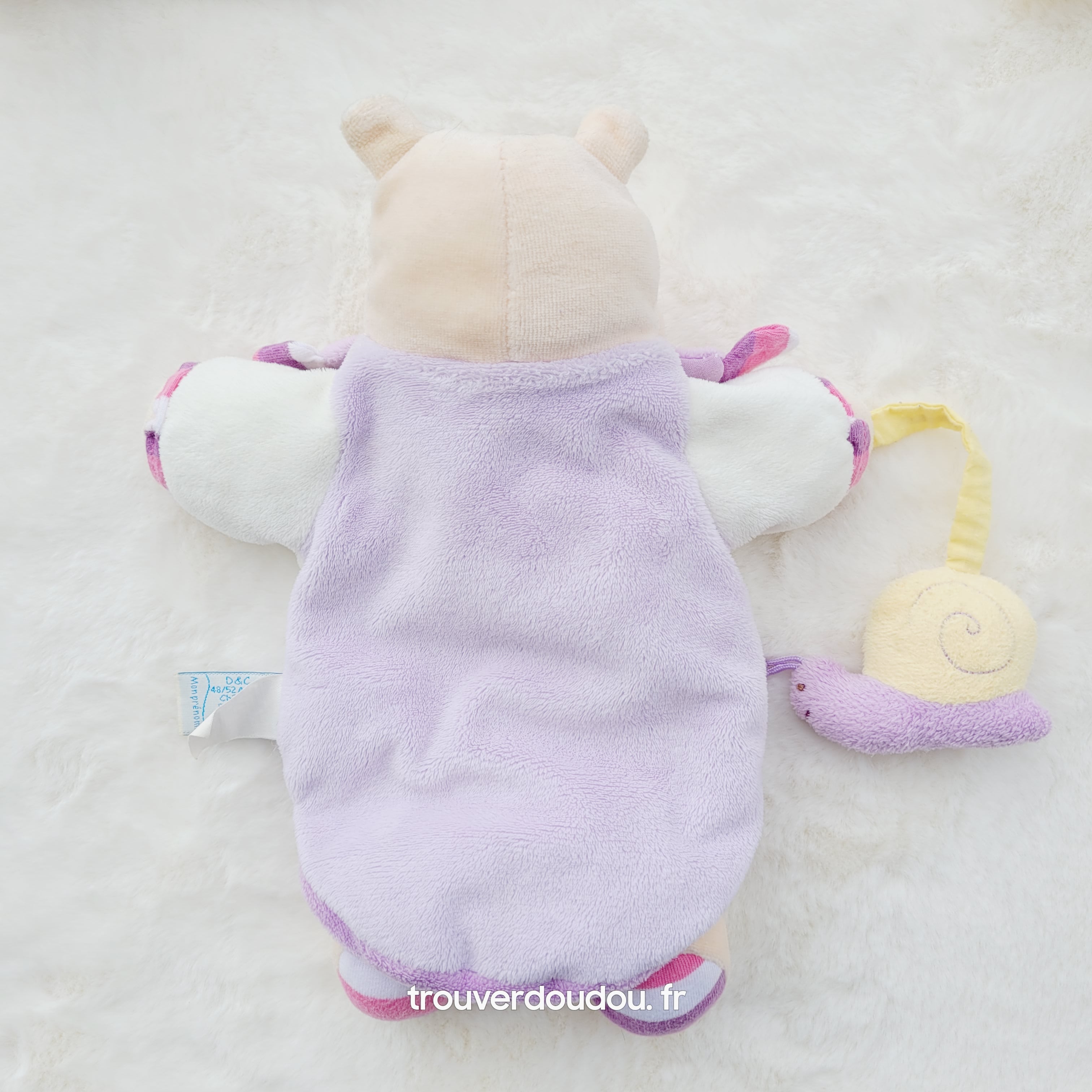 Doudou marionnette Hippopotame Léo mauve et blanc - Doudou et Compagnie Très bon état