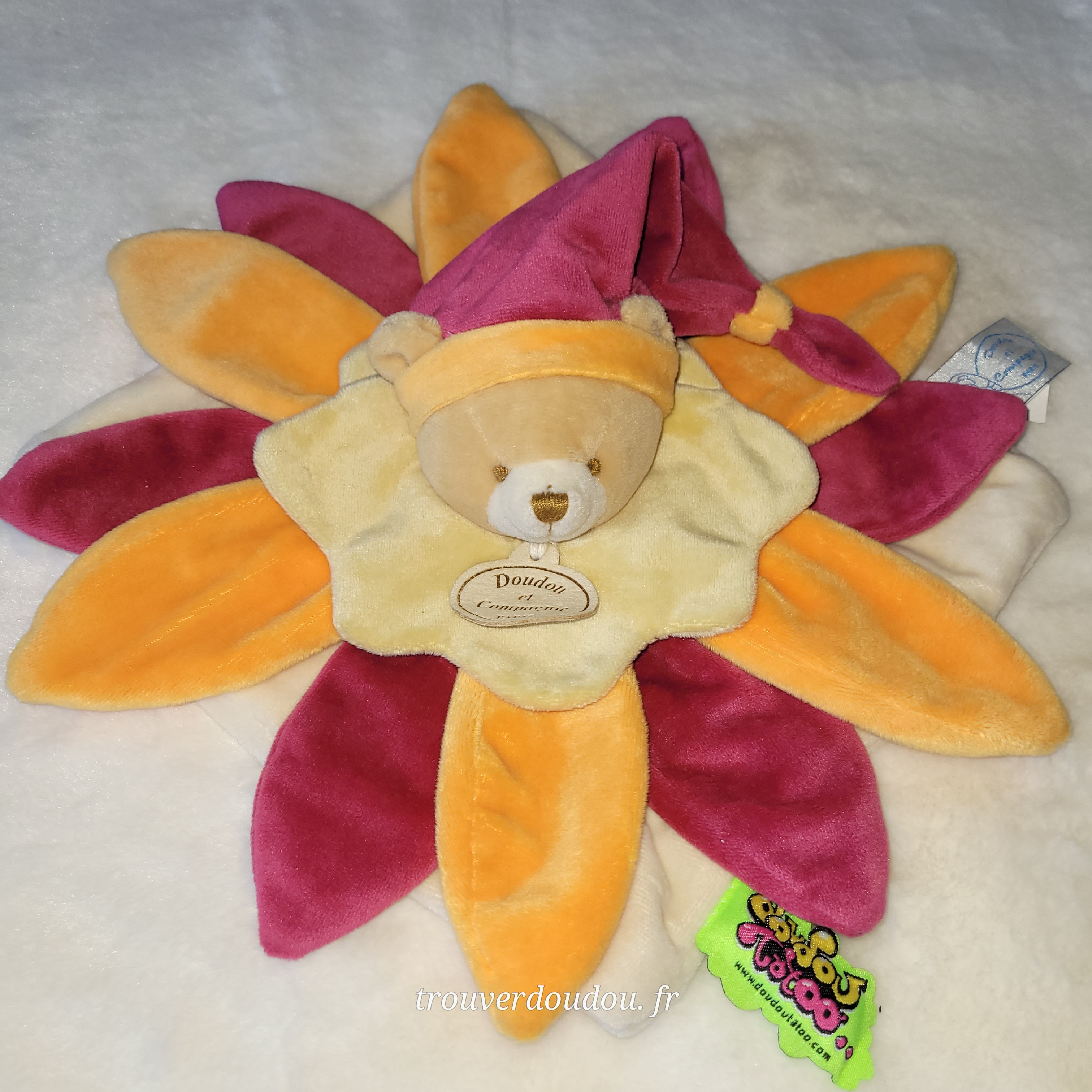 Doudou Fleur Pétales Collector Ours Orange et rouge - Doudou et Compagnie - Très Bon État