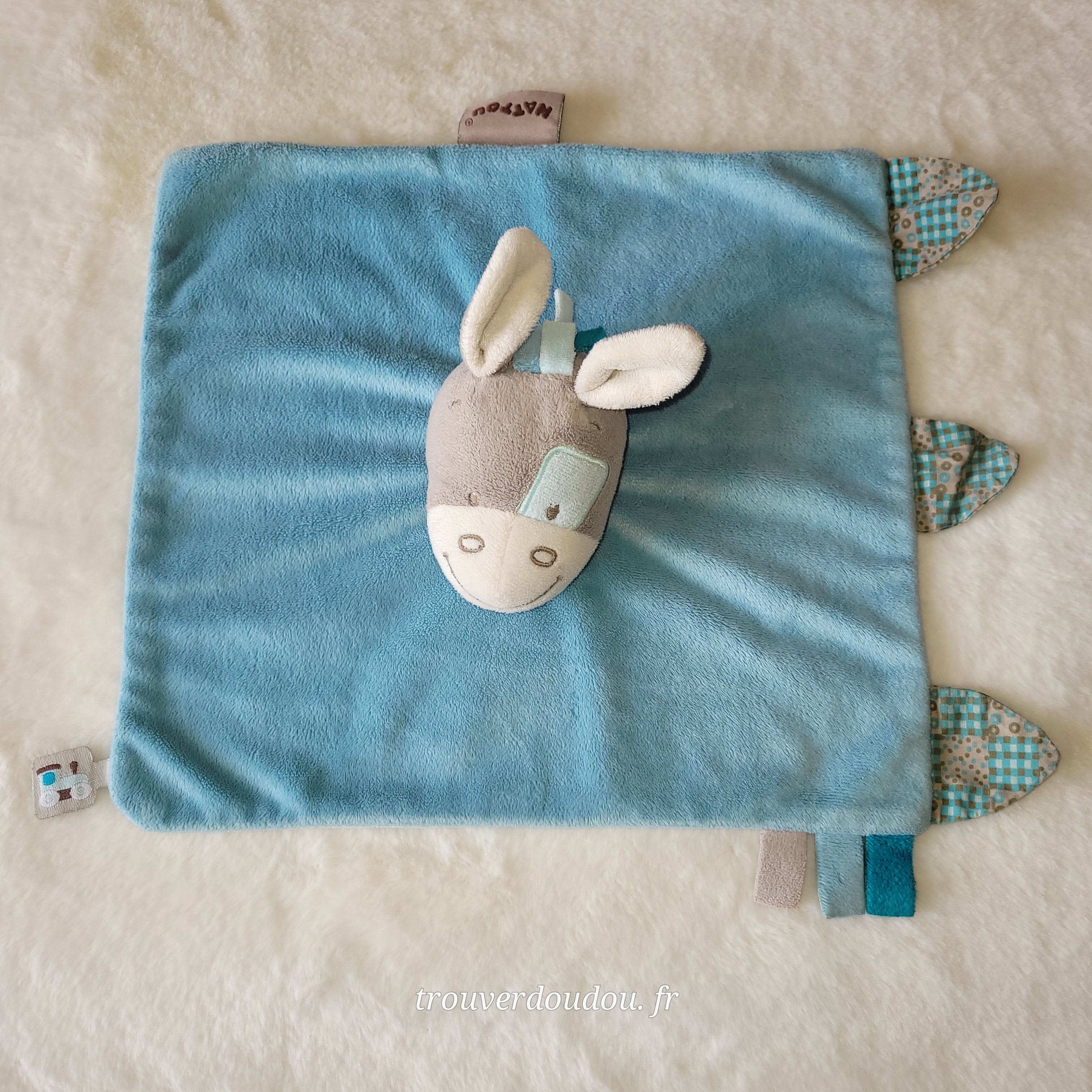 Doudou Plat Âne "Gaston" Bleu Ciel - Nattou - Collection Gaston et Cyril - Très Bon État