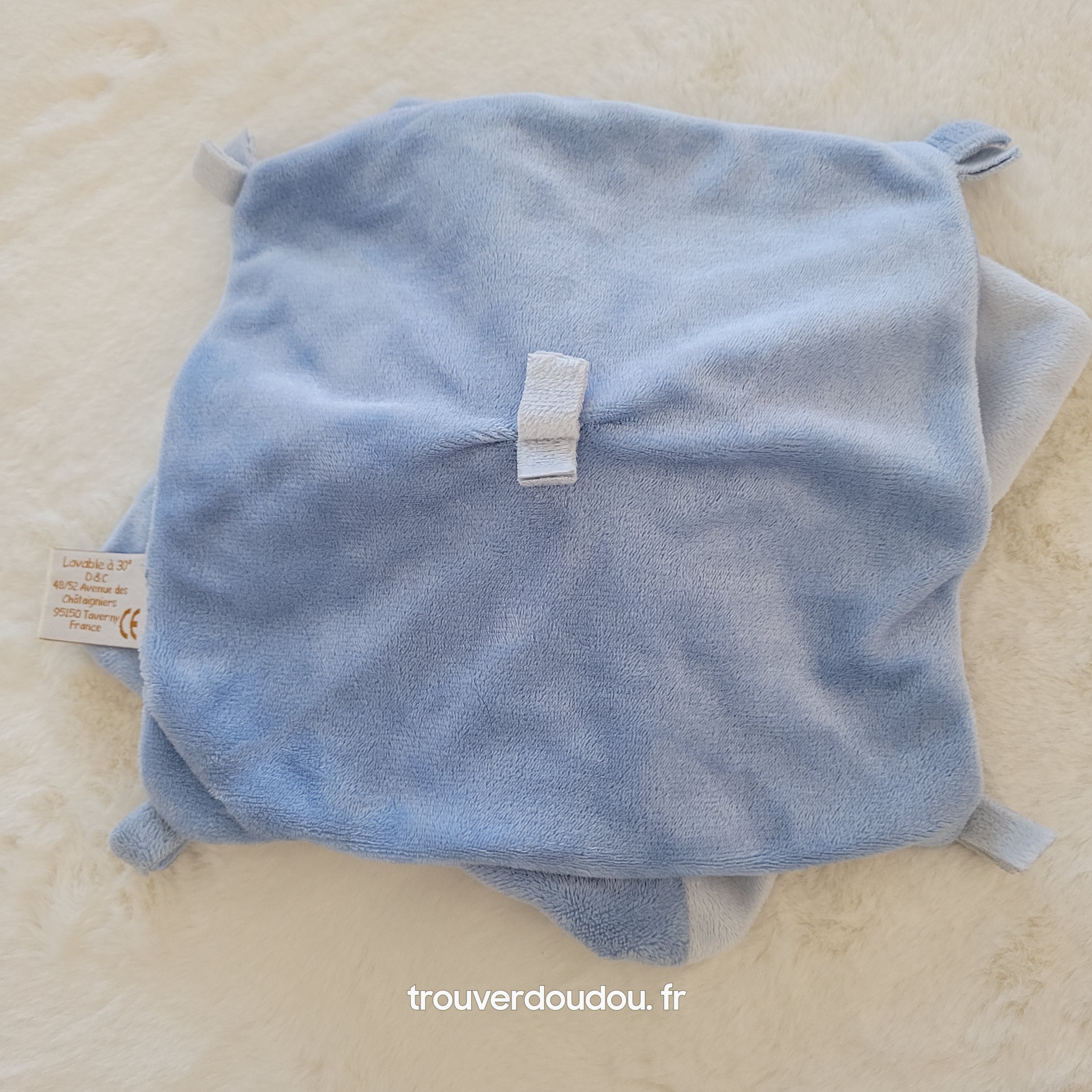 Doudou Plat Ours Bleu Ciel - Baby Nat' - Carré Mouchoir Brodé - Très Bon État