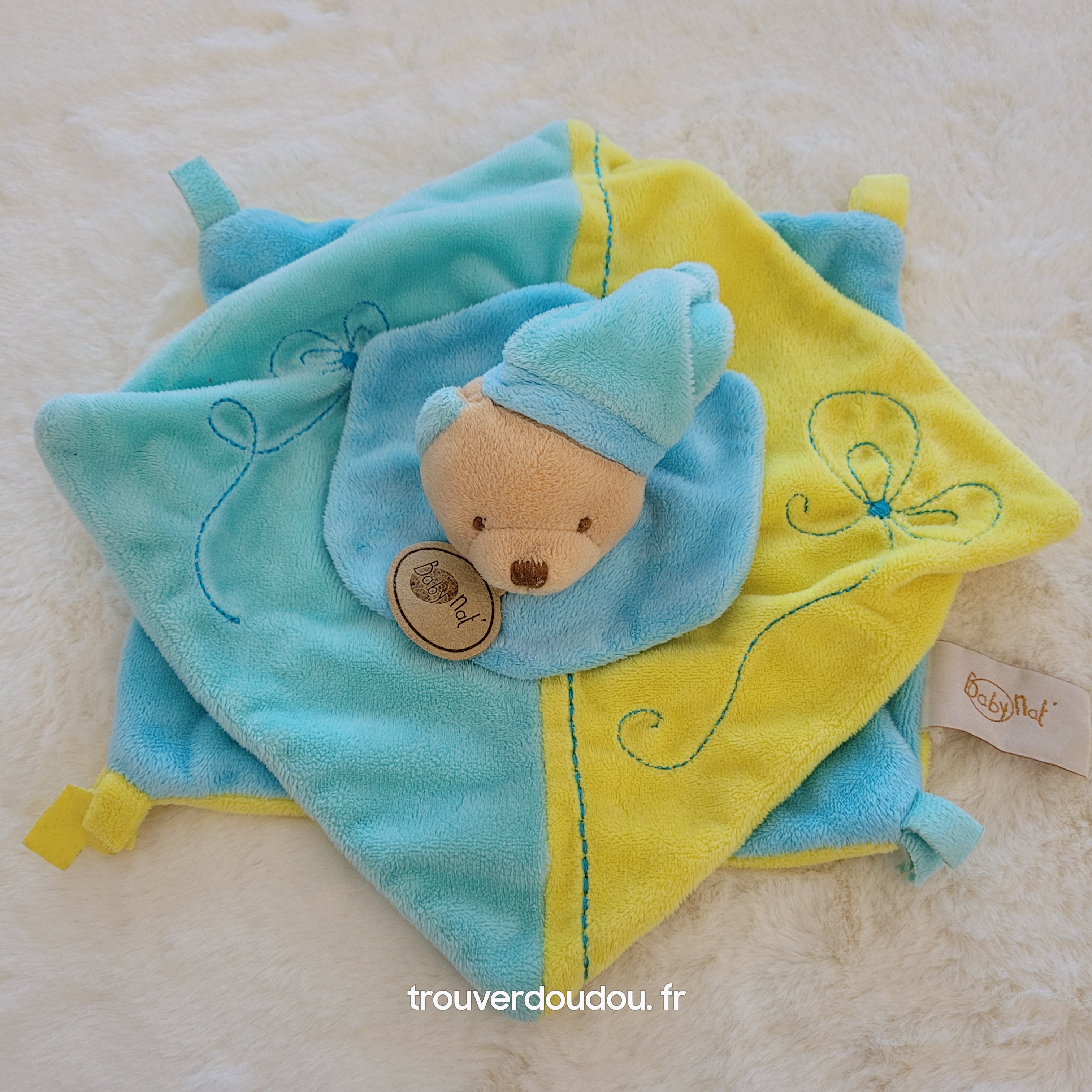 Doudou Plat Ours Bleu turquoise- Baby Nat' - Carré Mouchoir Brodé - Très Bon État