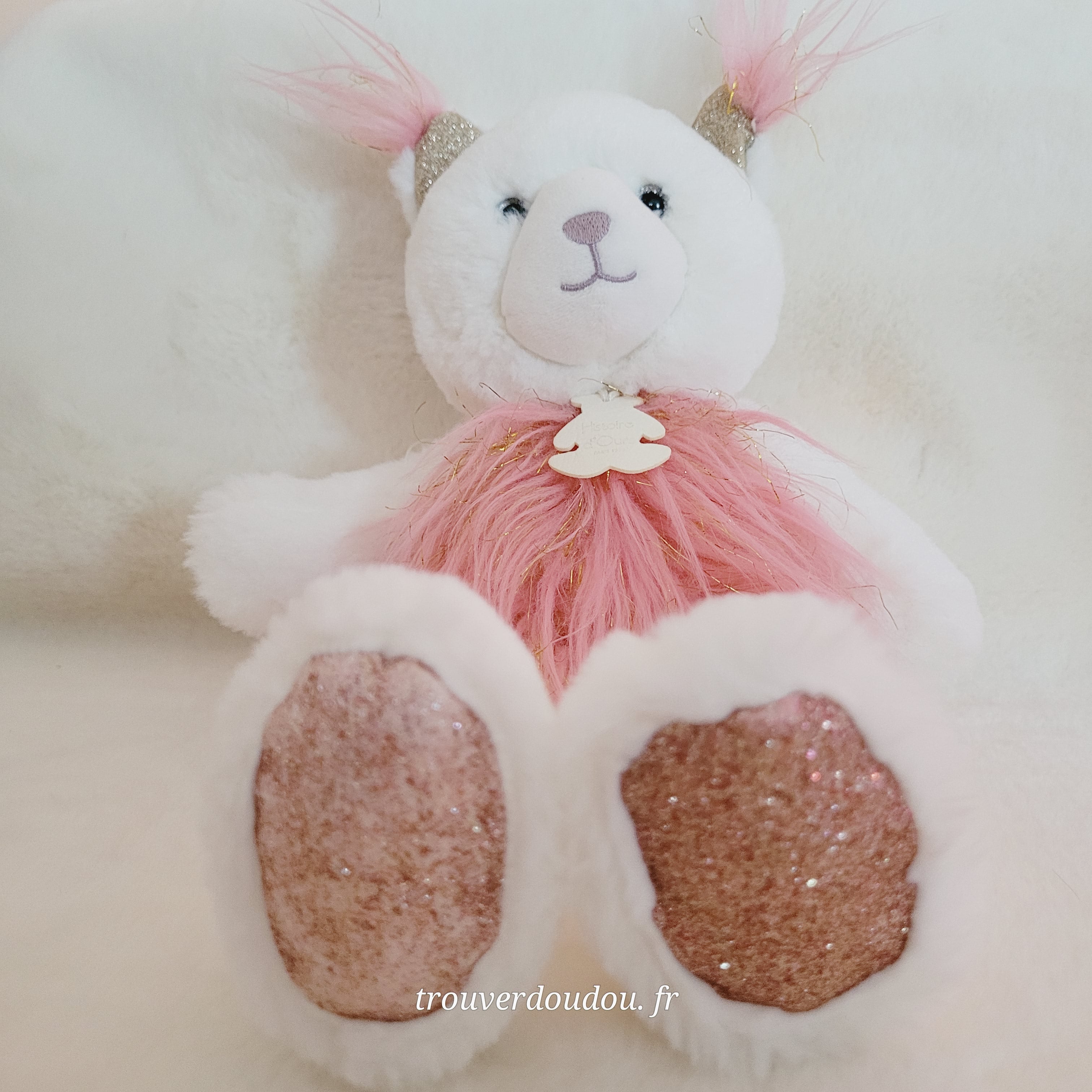Peluche Lynx Rose et Blanc "Girls & Glitter" - Histoire d'Ours - 25 cm - État Comme Neuf