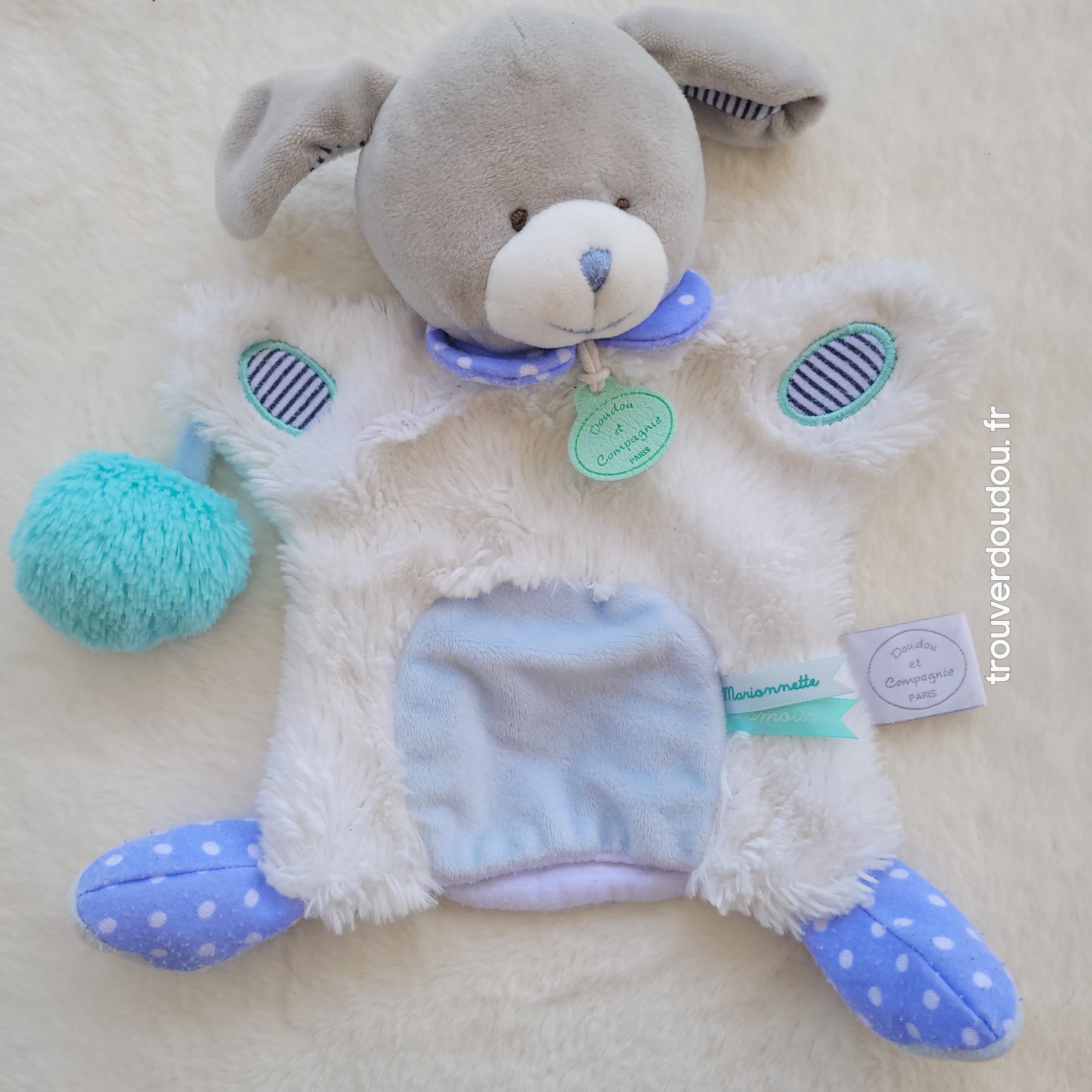 Doudou Plat Chien Lovely Marionnette Blanc et Bleu Pistache Doudou et Compagnie - Très Bon État