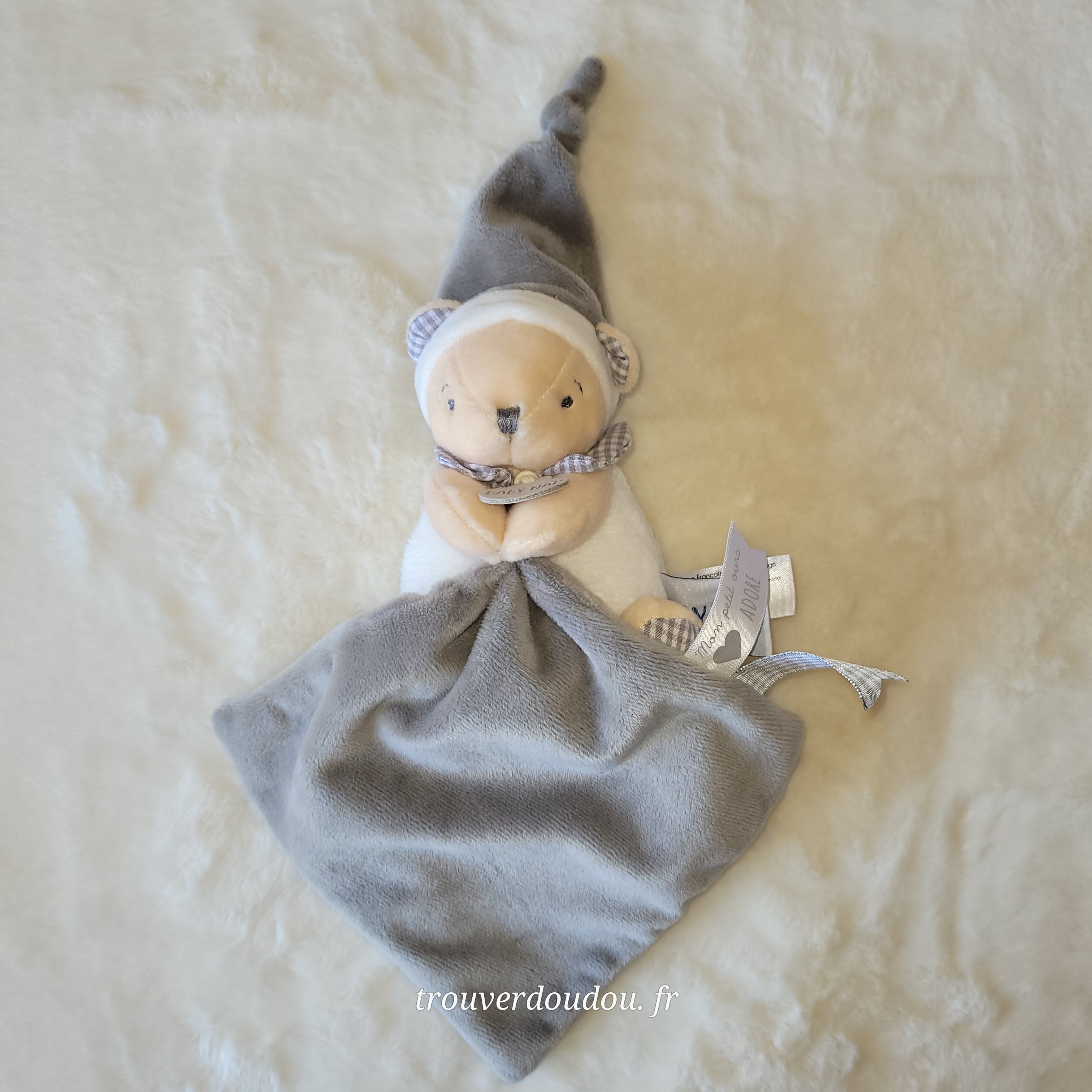 Doudou Pantin Ourson Beige et Blanc - Baby Nat' - Mouchoir - Très Bon État