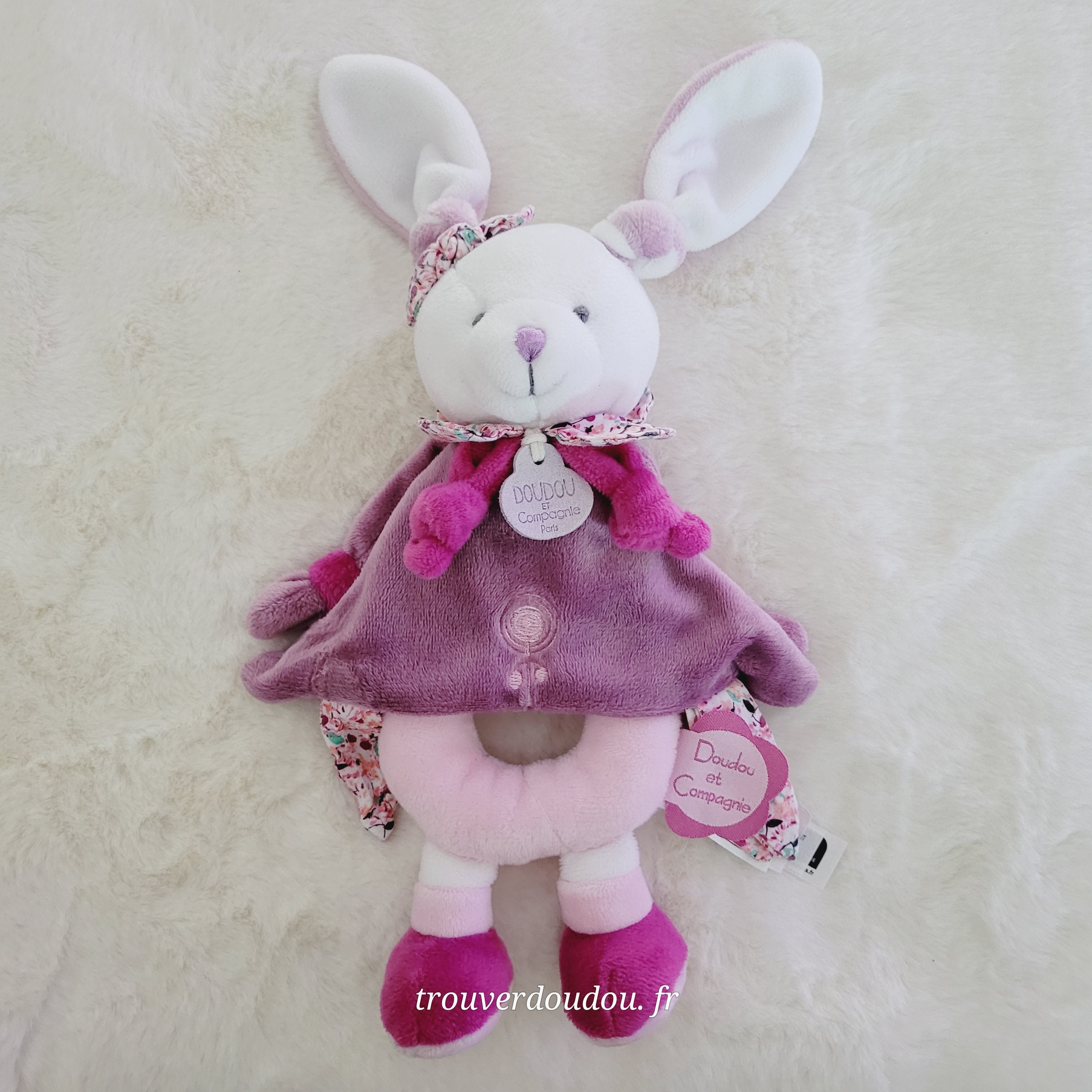 Hochet Lapin "Cerise" Rose et Violet Floral - Doudou et Compagnie - 19 cm - État Comme Neuf