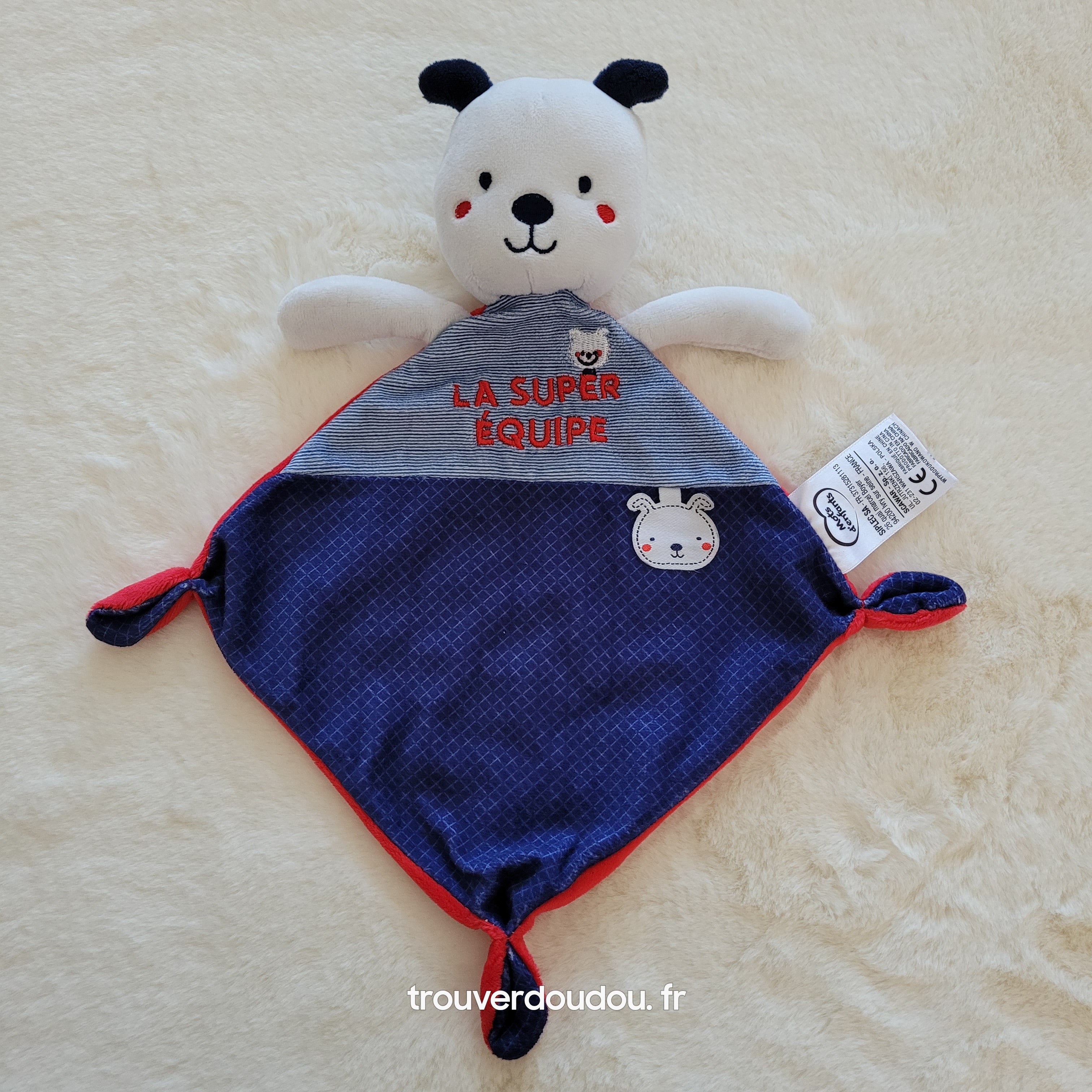 Doudou Plat Ours "La Super Équipe" Bleu et Rouge - Mots d'Enfants - État Comme Neuf