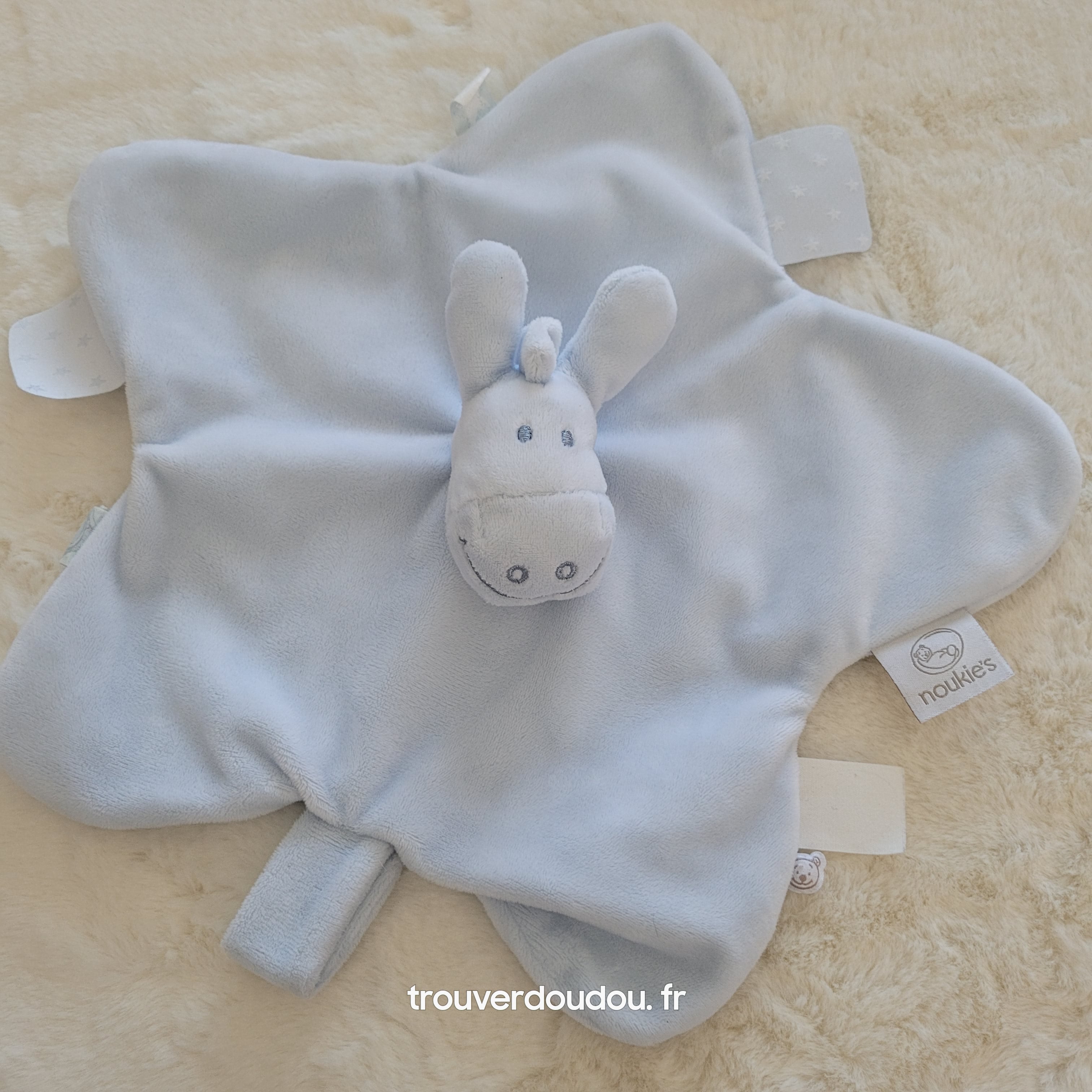 Doudou Plat Paco l'Âne Bleu Ciel en Forme de Fleur - Noukie's - Très Bon État