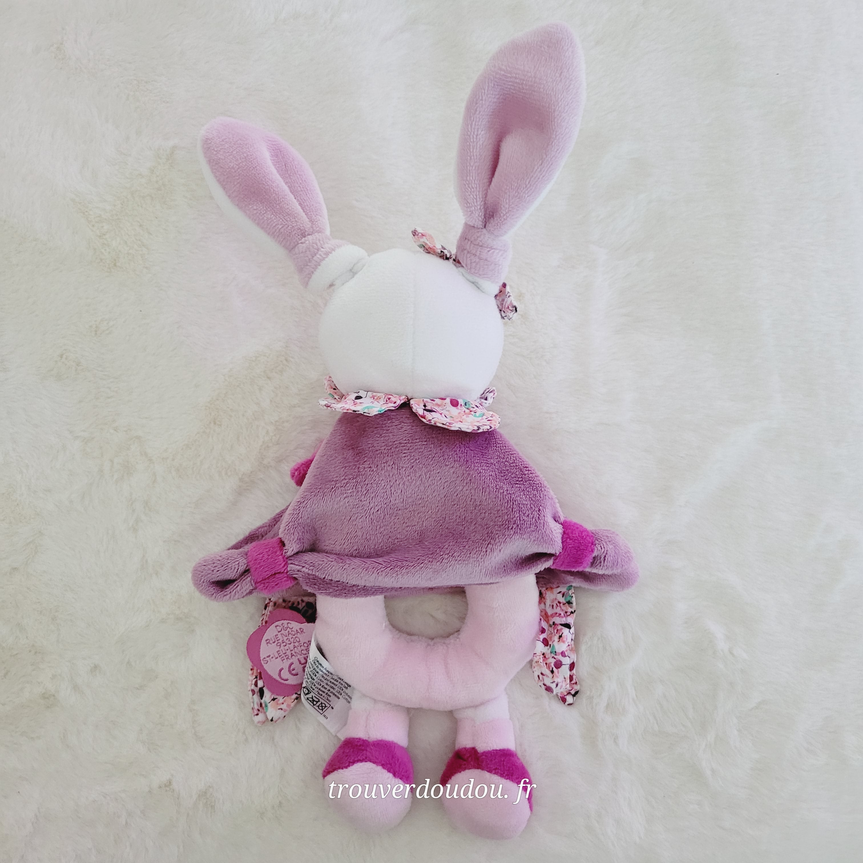 Hochet Lapin "Cerise" Rose et Violet Floral - Doudou et Compagnie - 19 cm - État Comme Neuf