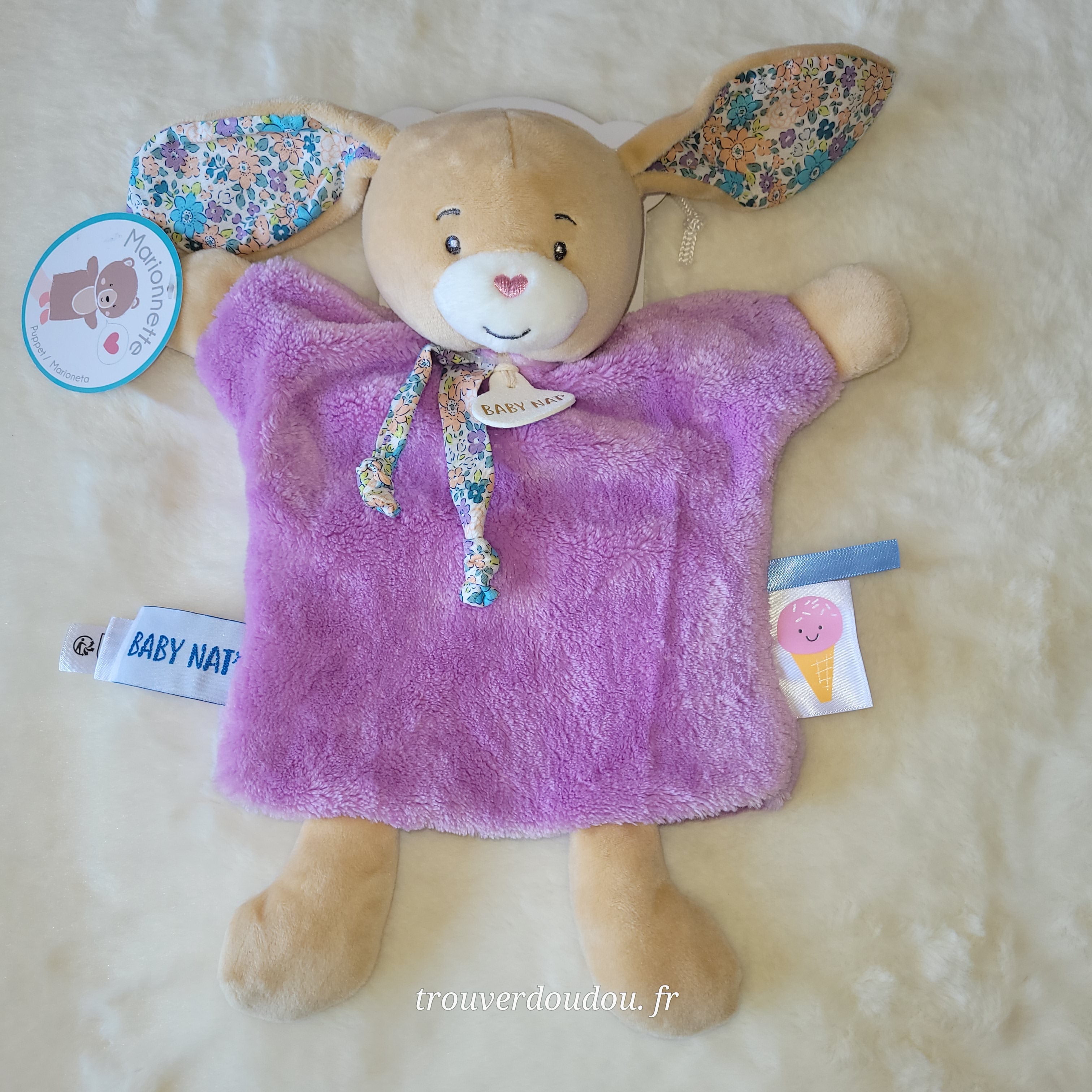 Doudou Marionnette Lapin "Les Poétiques" Violet et Floral - Baby Nat' - NEUF BN6174