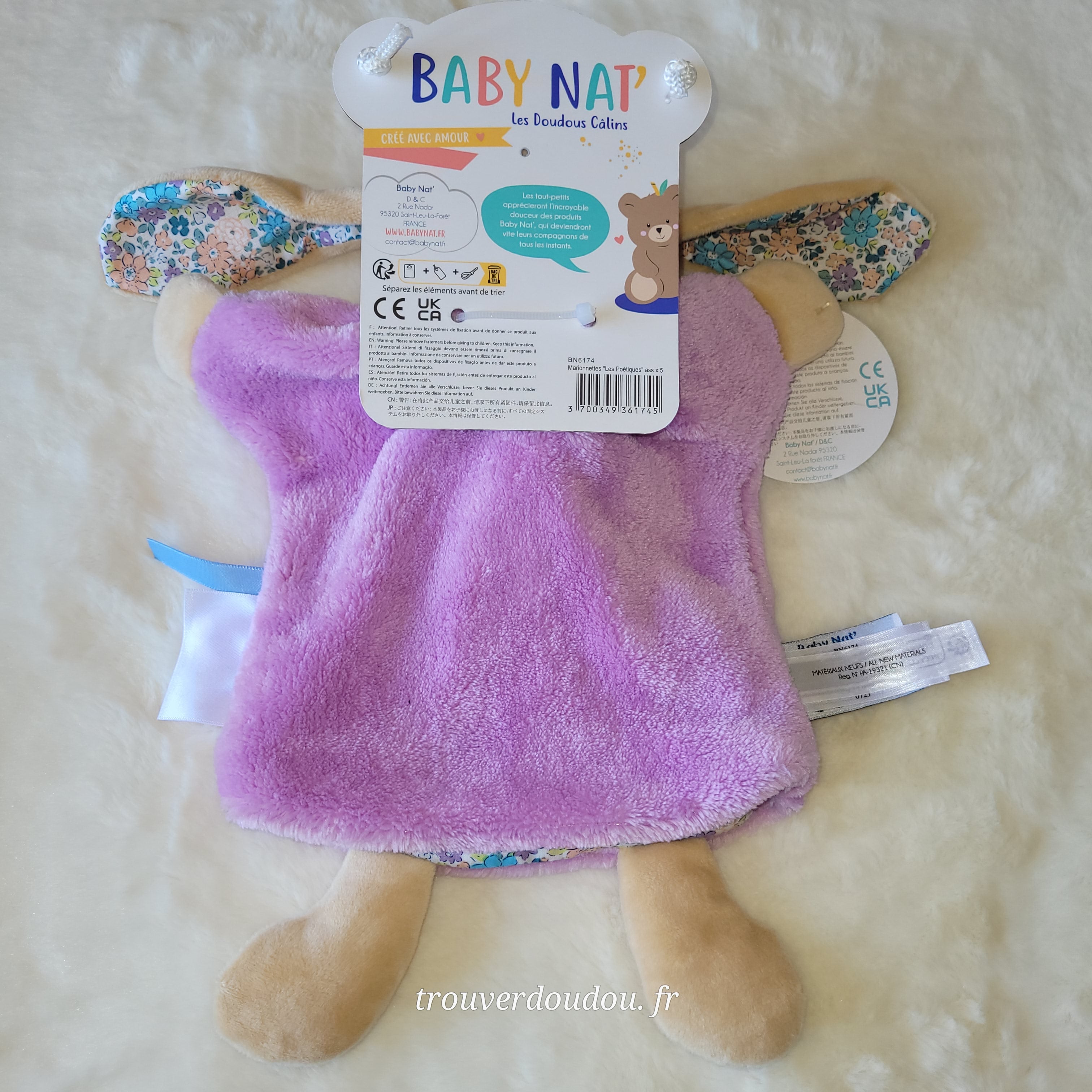 Doudou Marionnette Lapin "Les Poétiques" Violet et Floral - Baby Nat' - NEUF BN6174