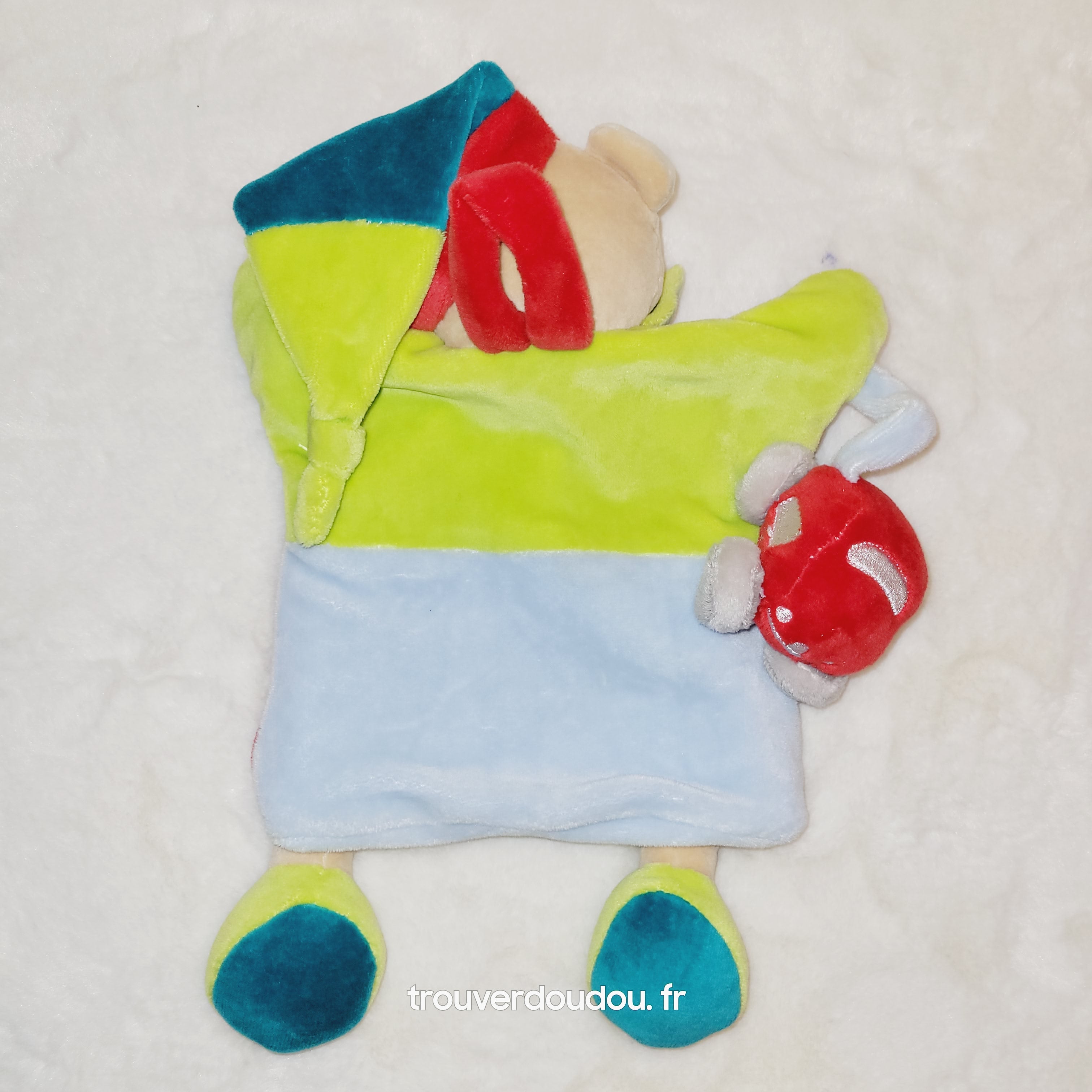 Doudou Marionnette Ours Multicolore avec Petite Voiture en Relief - Doudou et Compagnie (DC1609) - Neuf sans étiquette
