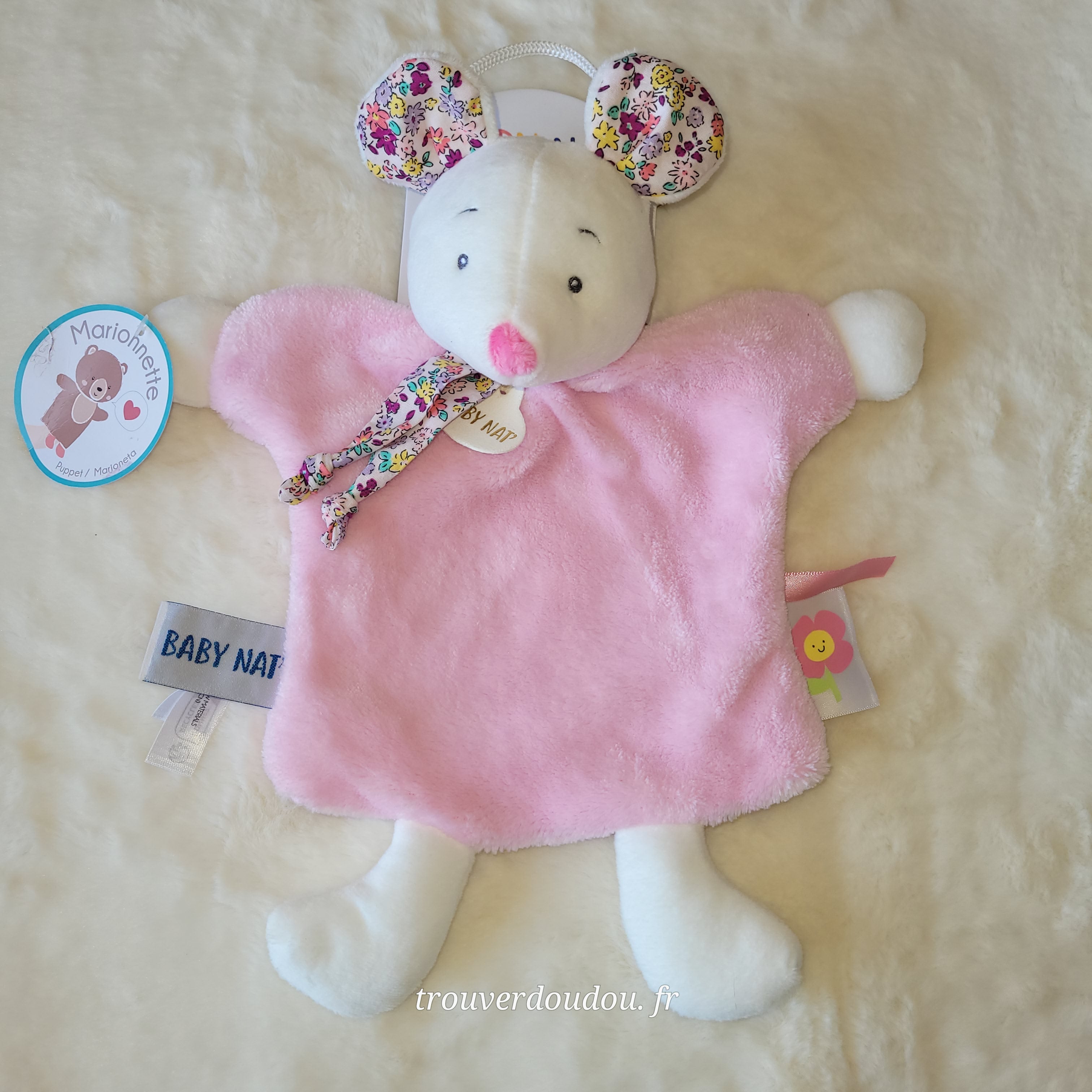 Doudou Marionnette Souris Rose et Fleurs - Baby Nat' - NEUF BN6174
