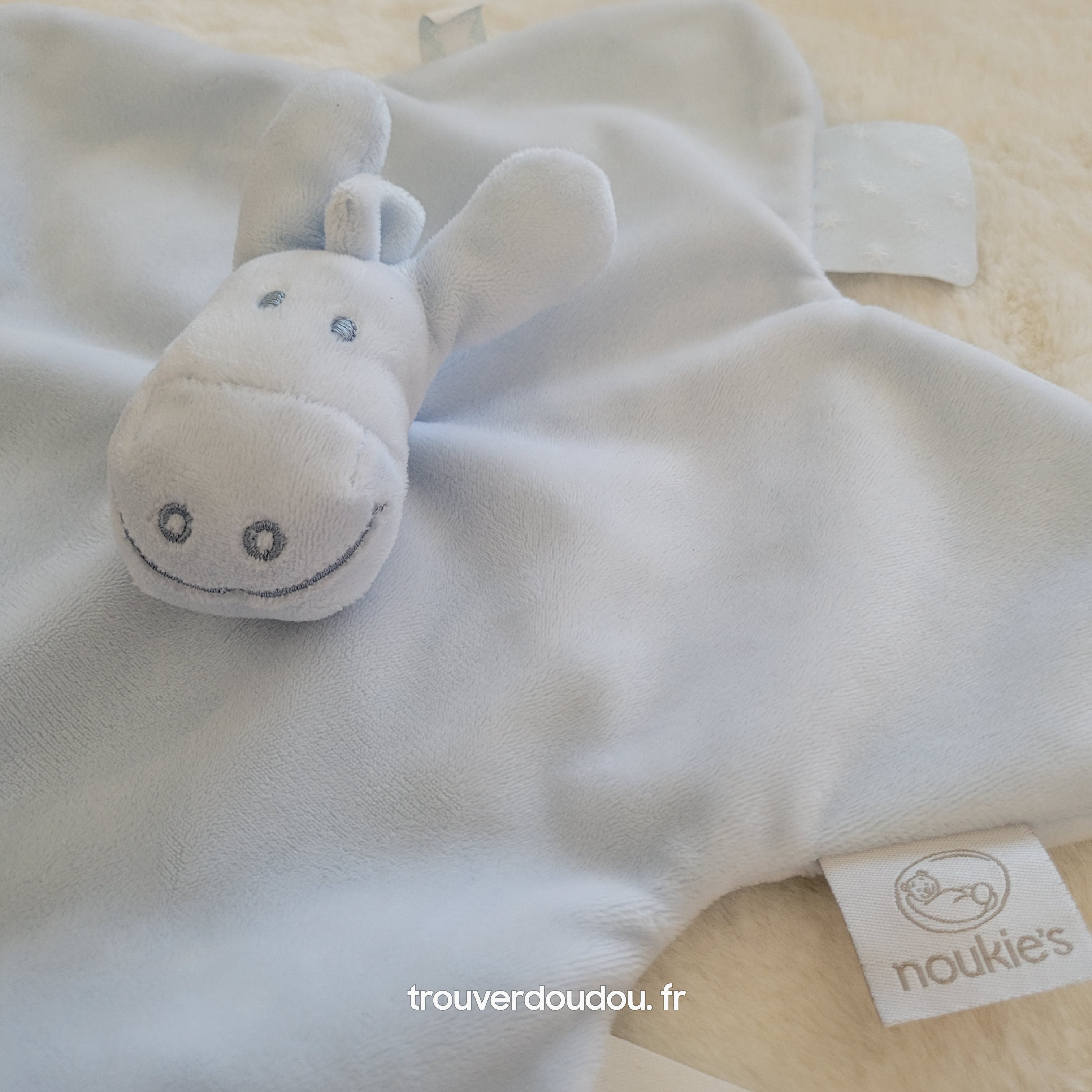 Doudou Plat Paco l'Âne Bleu Ciel en Forme de Fleur - Noukie's - Très Bon État