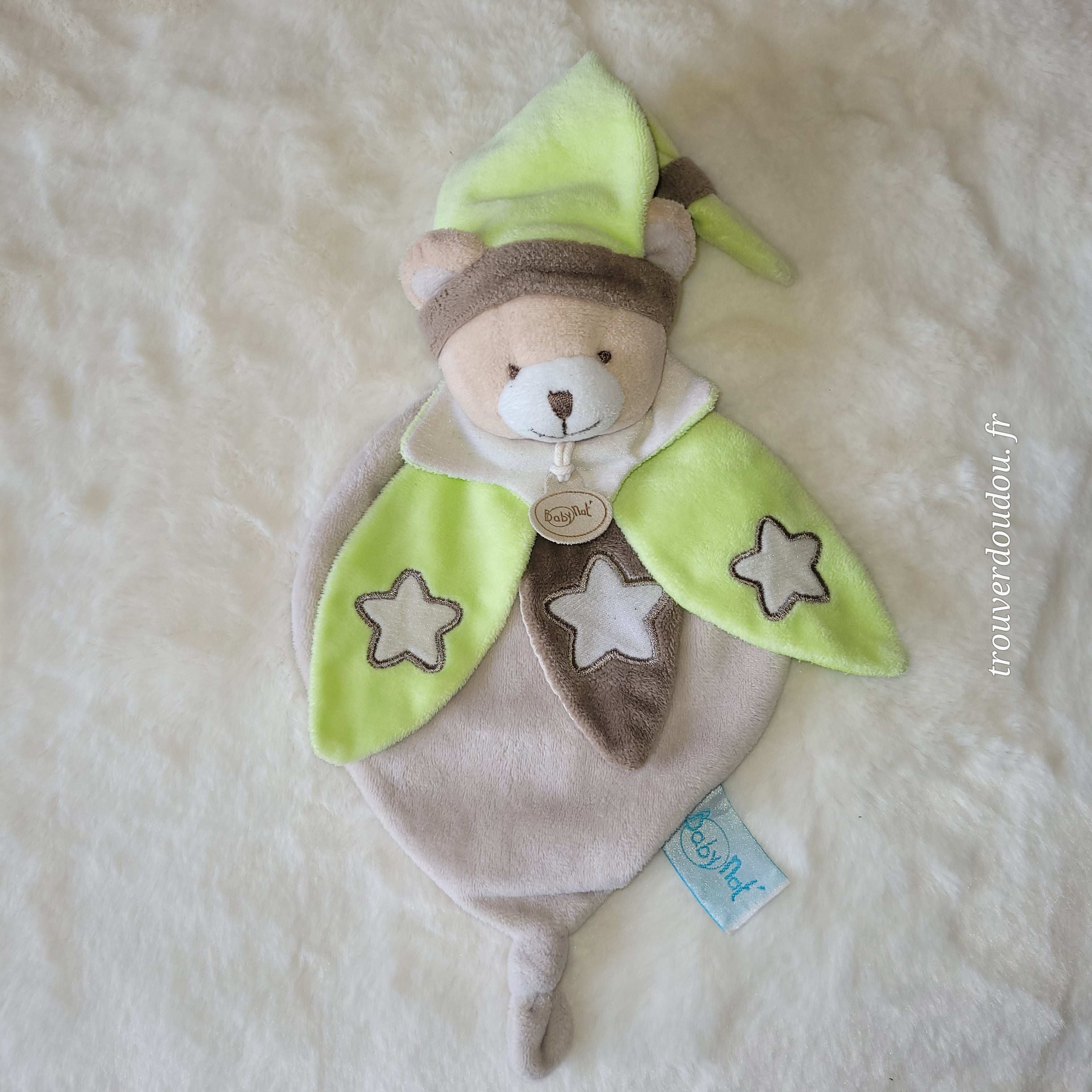 Doudou Pantin Ours "Les Étoiles" Vert et Beige - Baby Nat' - Très Bon État