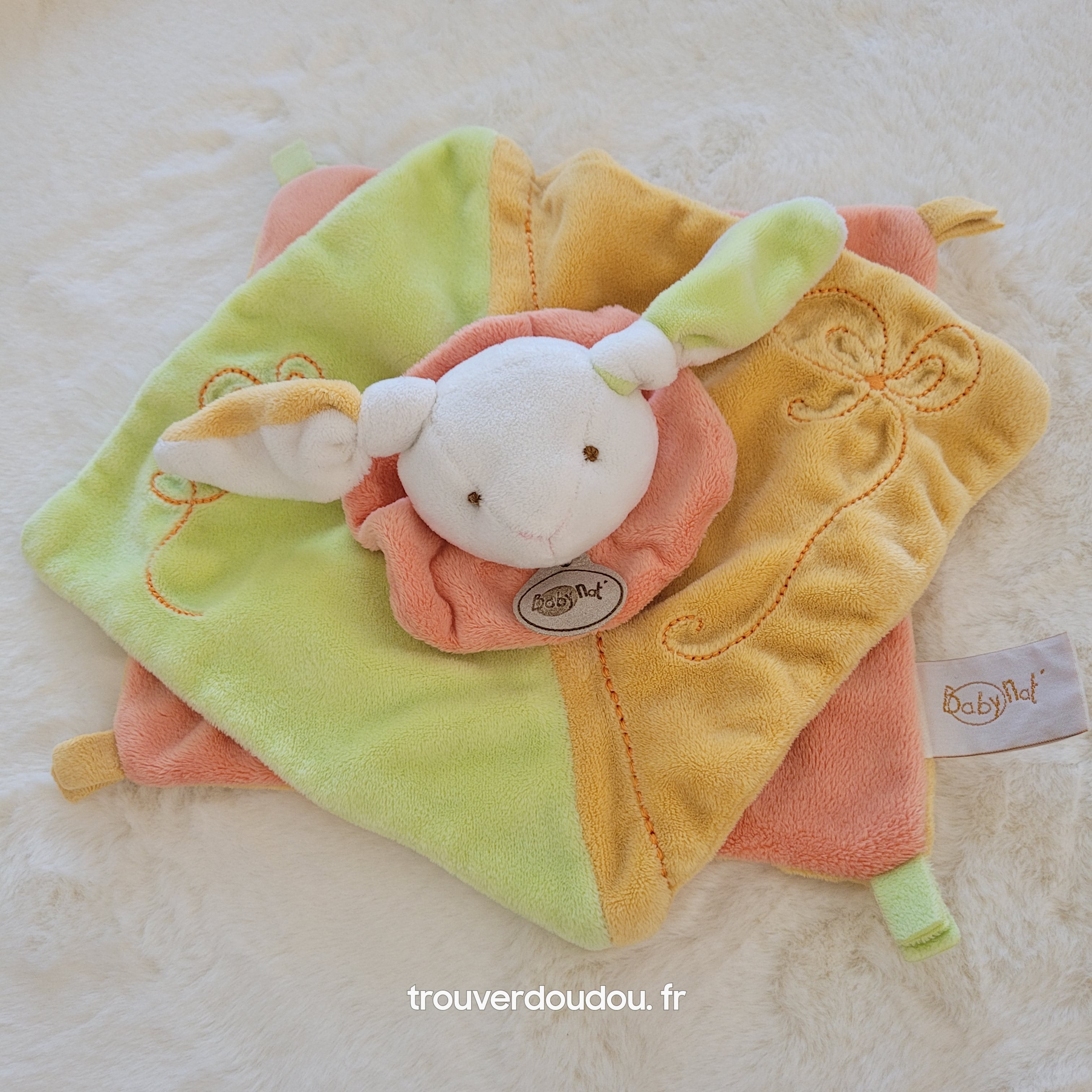 Doudou Plat Ours Vert - Baby Nat' - Carré Mouchoir Brodé - Très Bon État