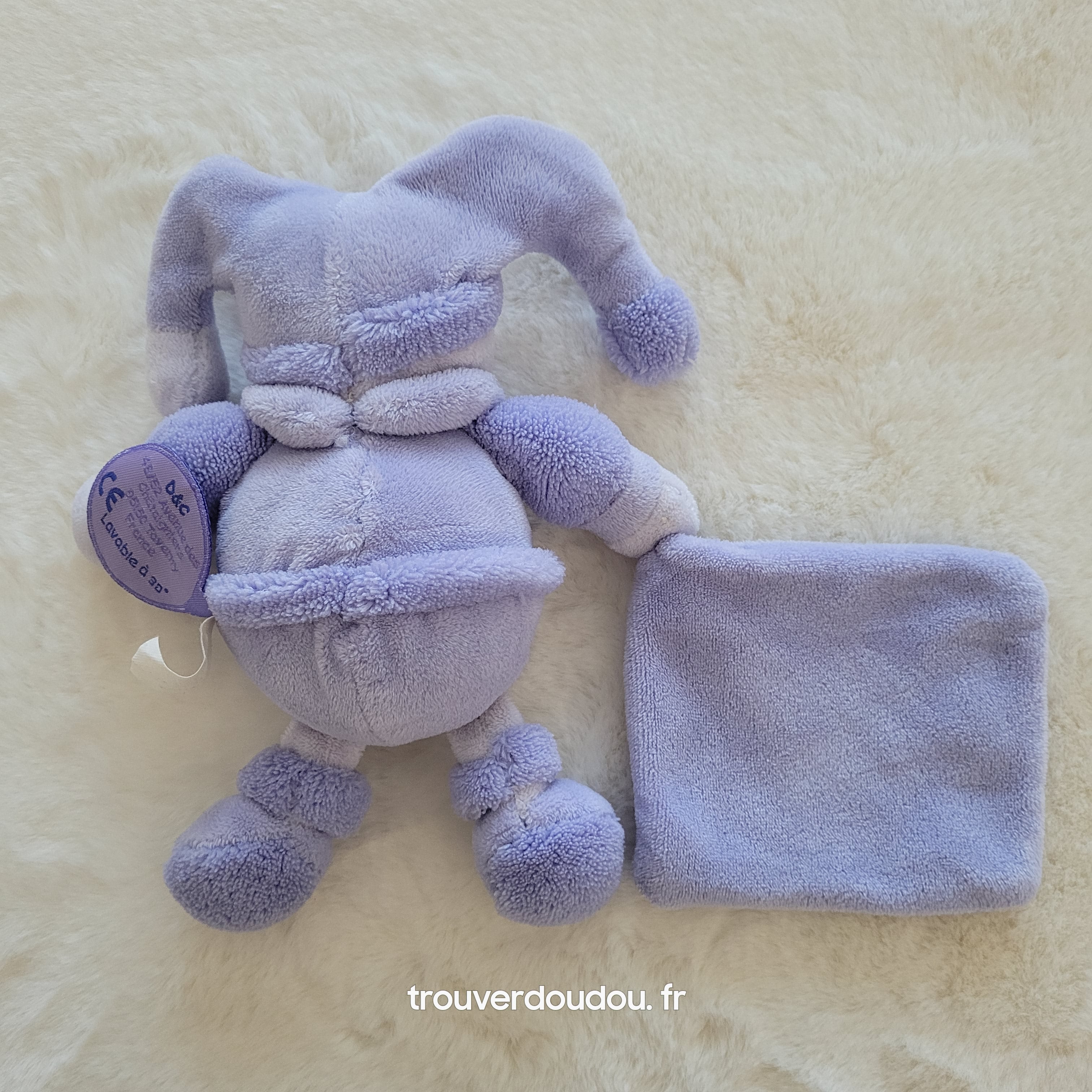 Doudou Ours "Douceur de Macaron" Mauve Lavande avec Mouchoir - Doudou et Compagnie - État Comme Neuf