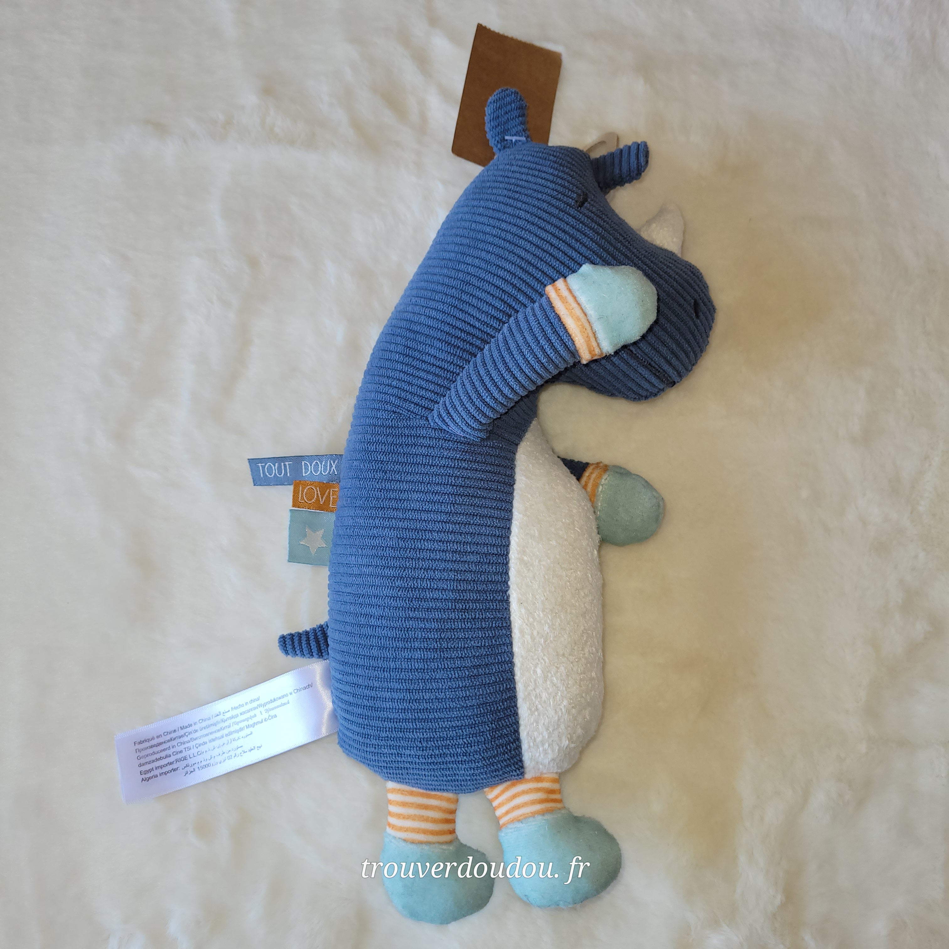 Peluche Rhinocéros Bleu Gris - Tape à l’œil (TAO) - NEUF avec étiquette