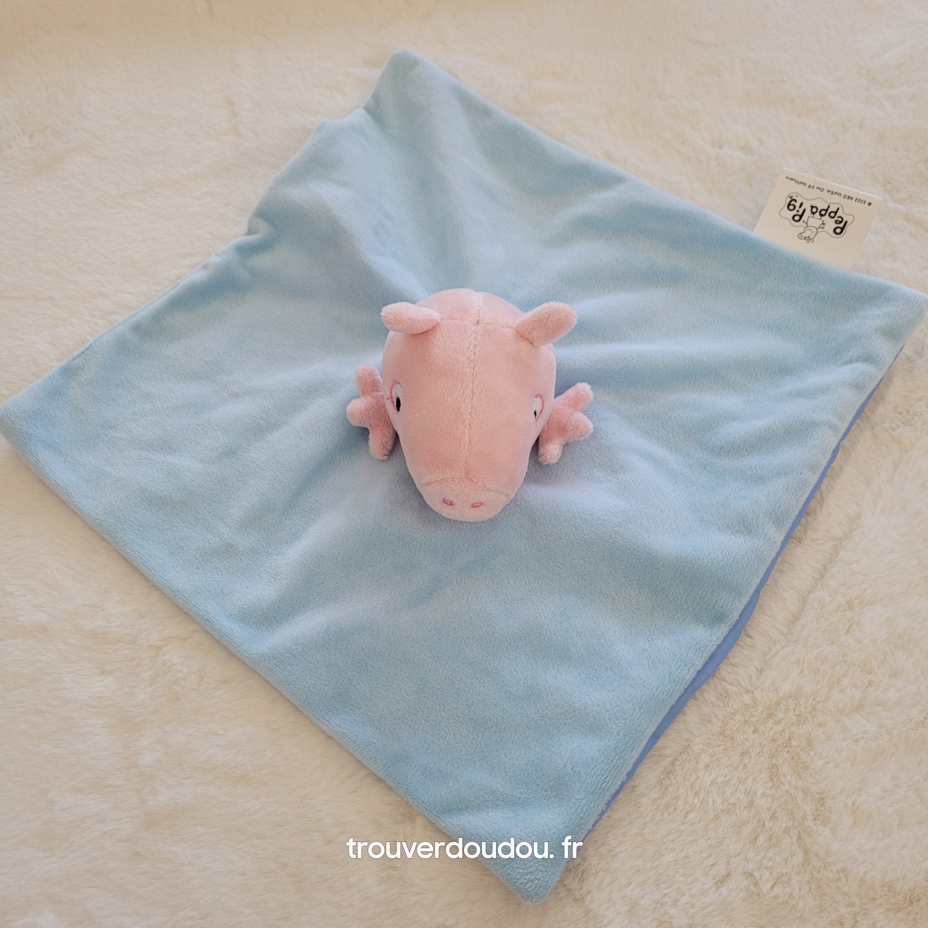 Doudou cochon plat Peppa Pig bleu et rayé - Sambro Très bon état
