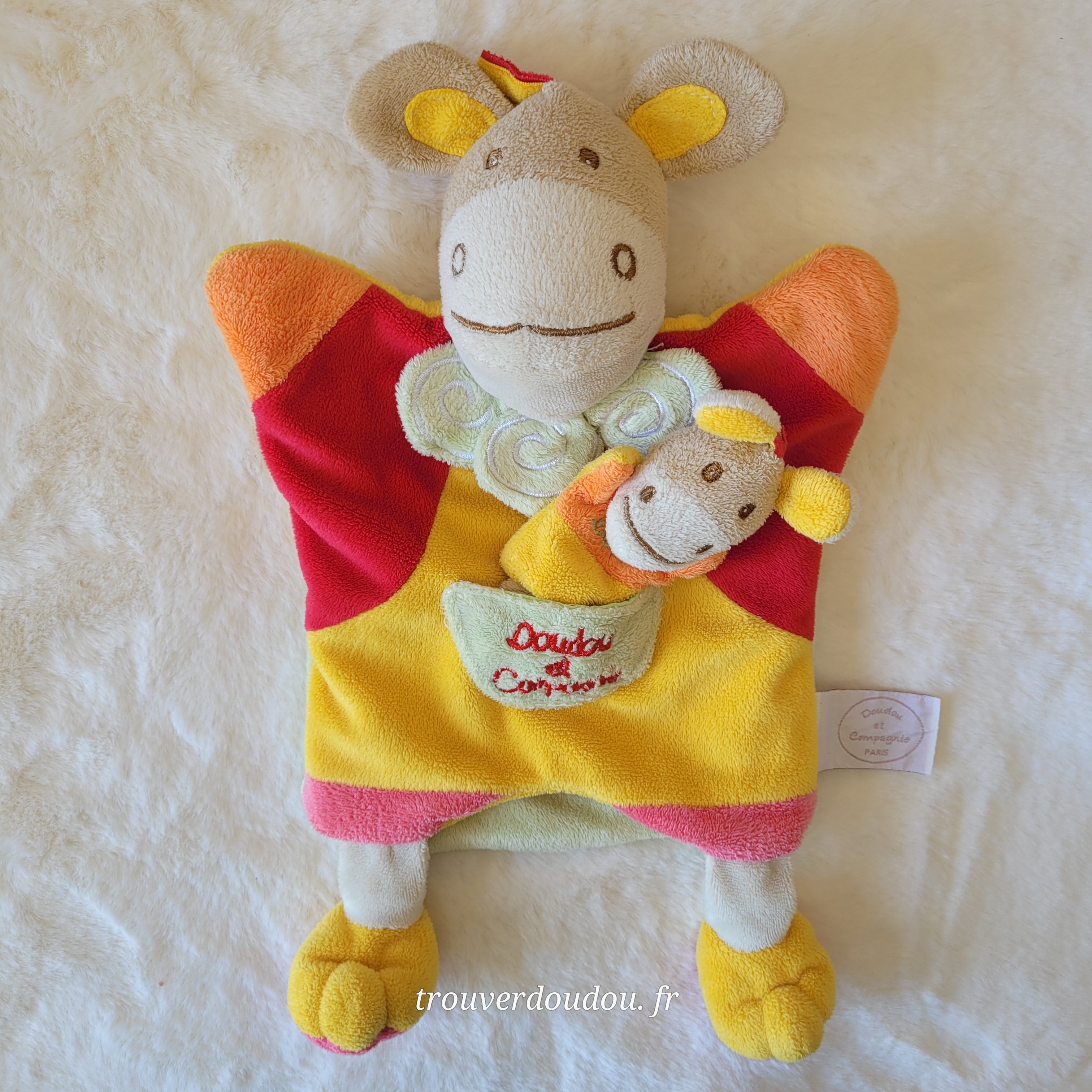 Doudou Marionnette Cheval Rouge et Orange avec Bébé - Doudou et Compagnie - Occasion Très Bon État