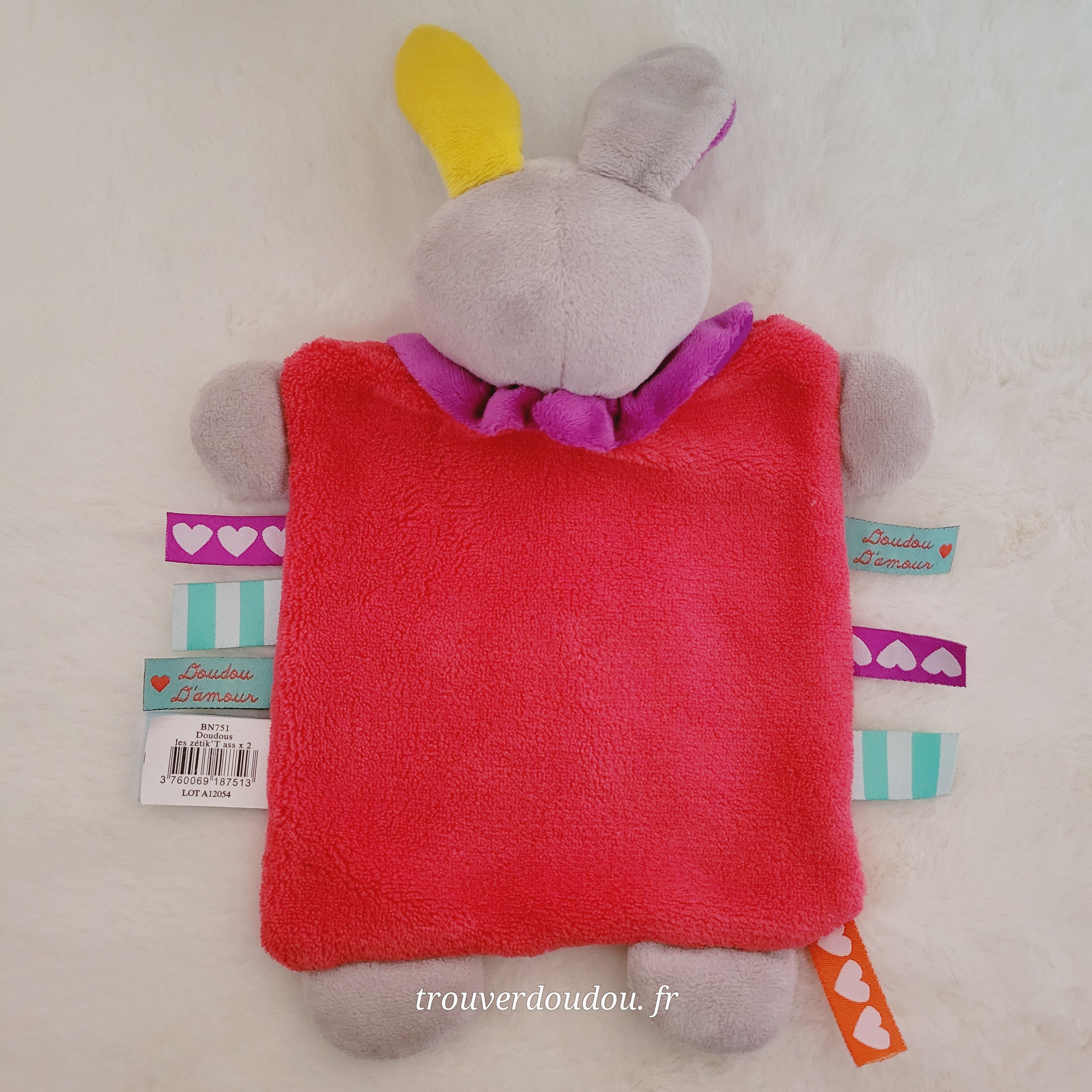 Doudou Plat Lapin "Doudou d'Amour" Rouge et Gris - Baby Nat' (BN0751) - très Bon État