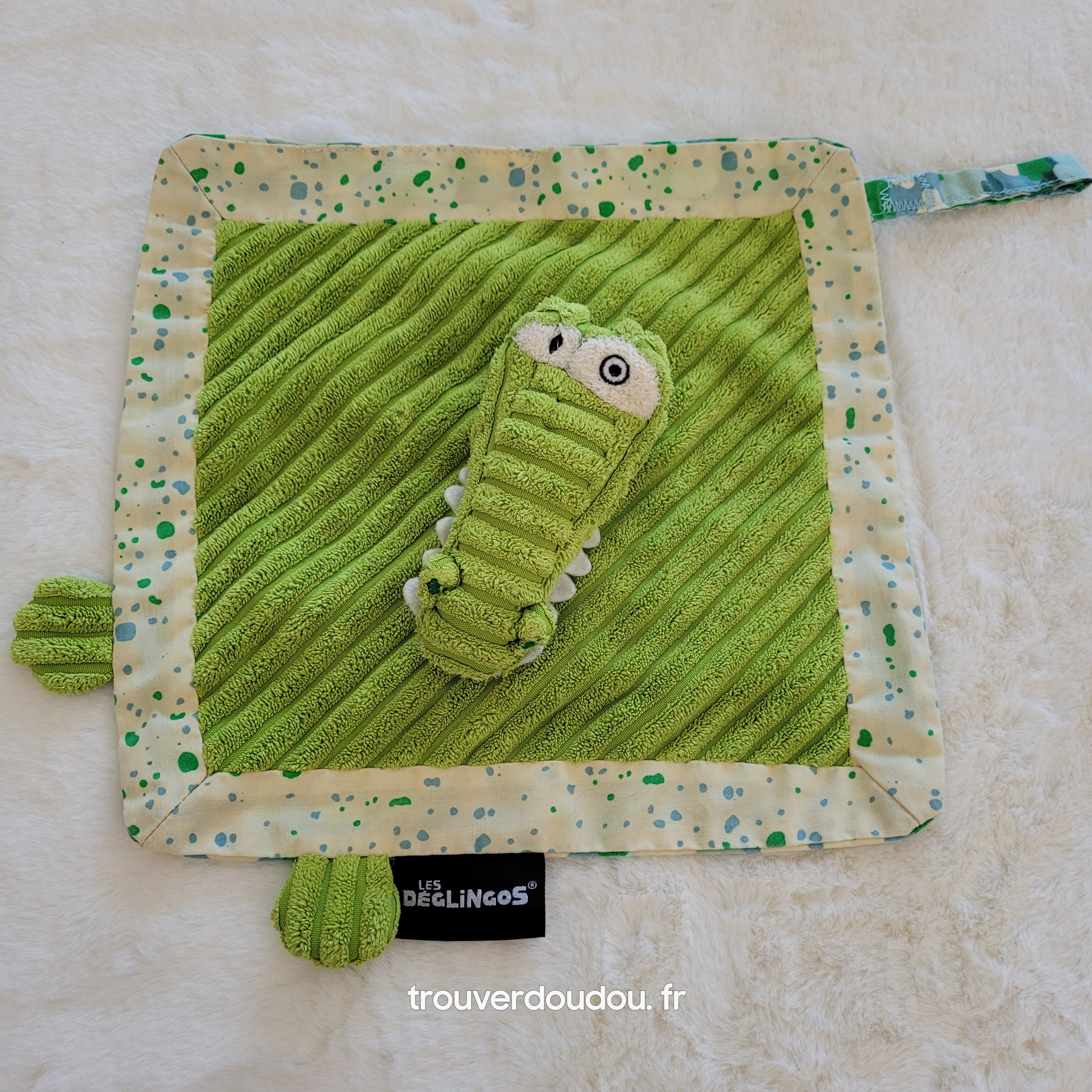 Doudou Plat "Aligatos le Crocodile" Vert - Les Déglingos - Velours Côtelé - Très Bon État