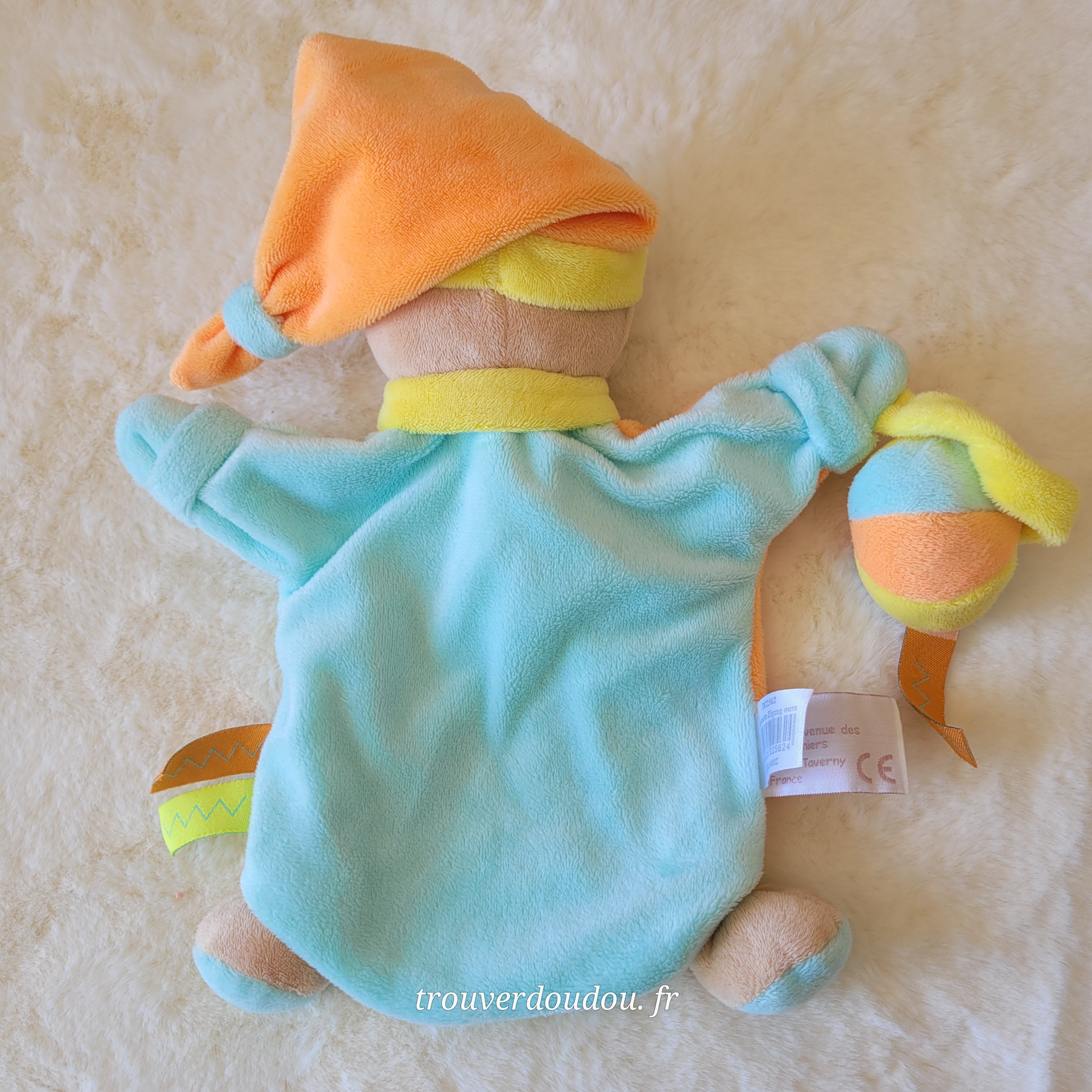 Doudou Marionnette Ours Zigzag Bleu et Orange avec Balle - Doudou et Compagnie - Très Bon État
