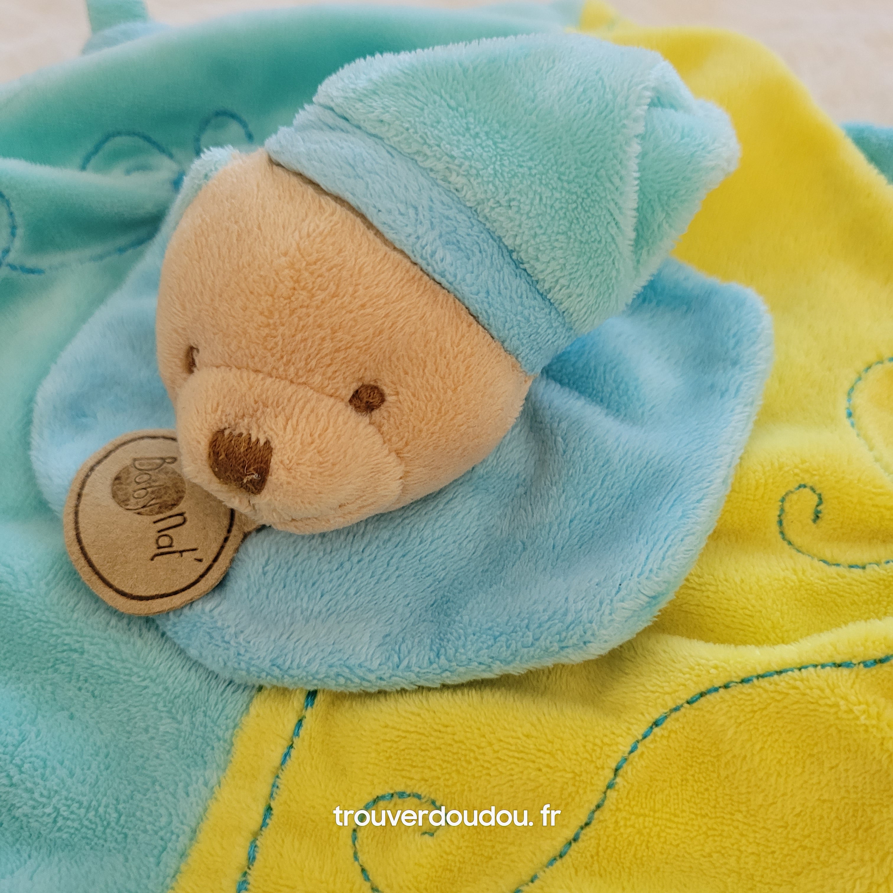 Doudou Plat Ours Bleu turquoise- Baby Nat' - Carré Mouchoir Brodé - Très Bon État