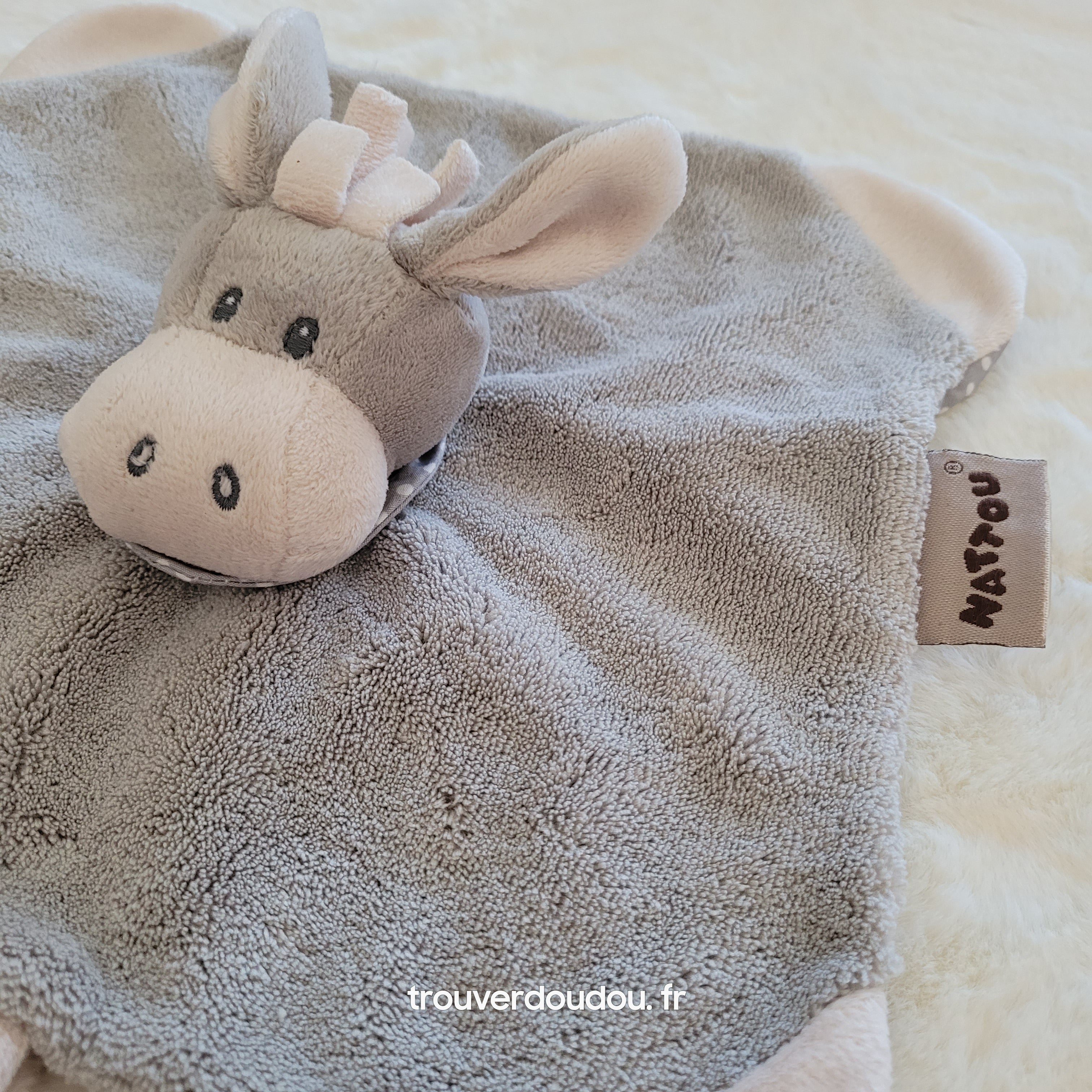 Doudou plat attache-sucette Âne Cappuccino gris et pois - Nattou Très bon état