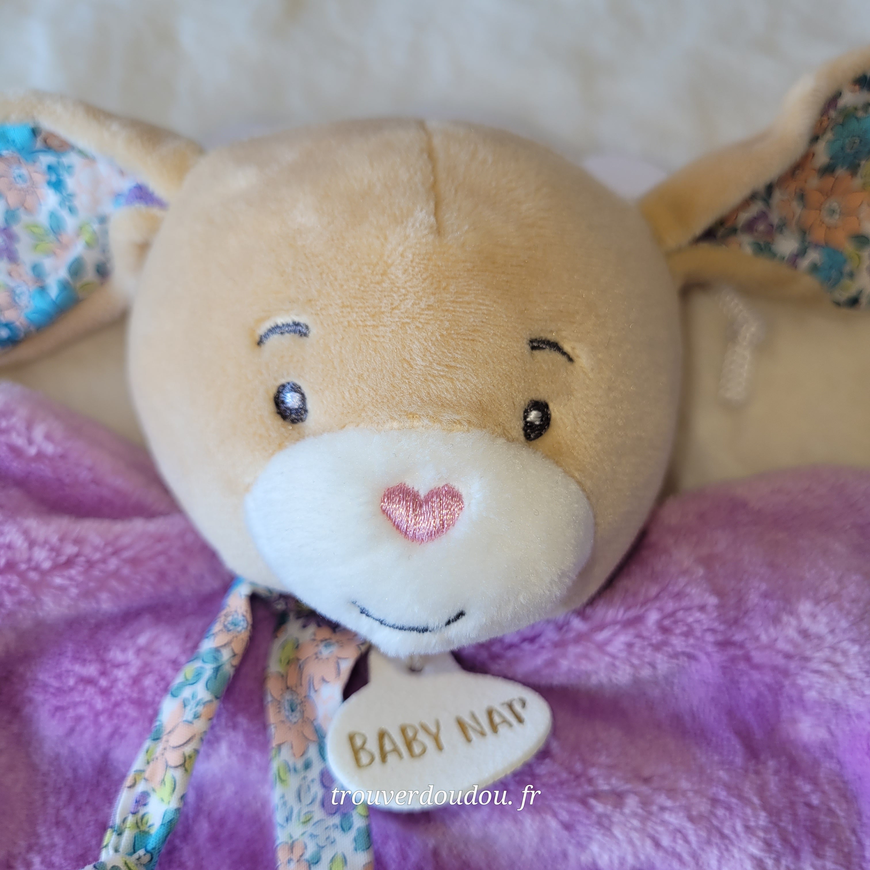Doudou Marionnette Lapin "Les Poétiques" Violet et Floral - Baby Nat' - NEUF BN6174