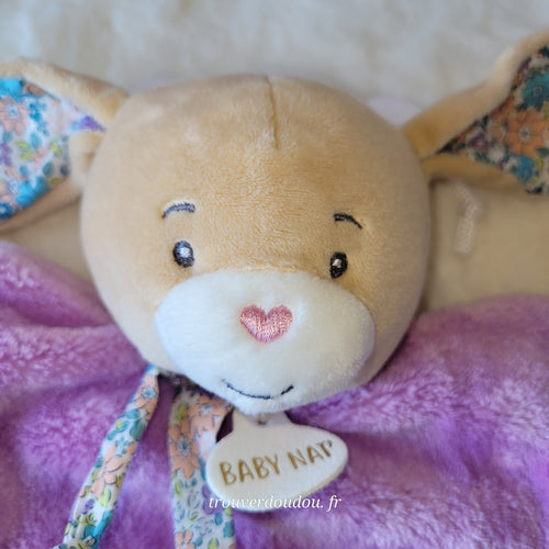 Doudou Marionnette Lapin "Les Poétiques" Violet et Floral - Baby Nat' - NEUF BN6174