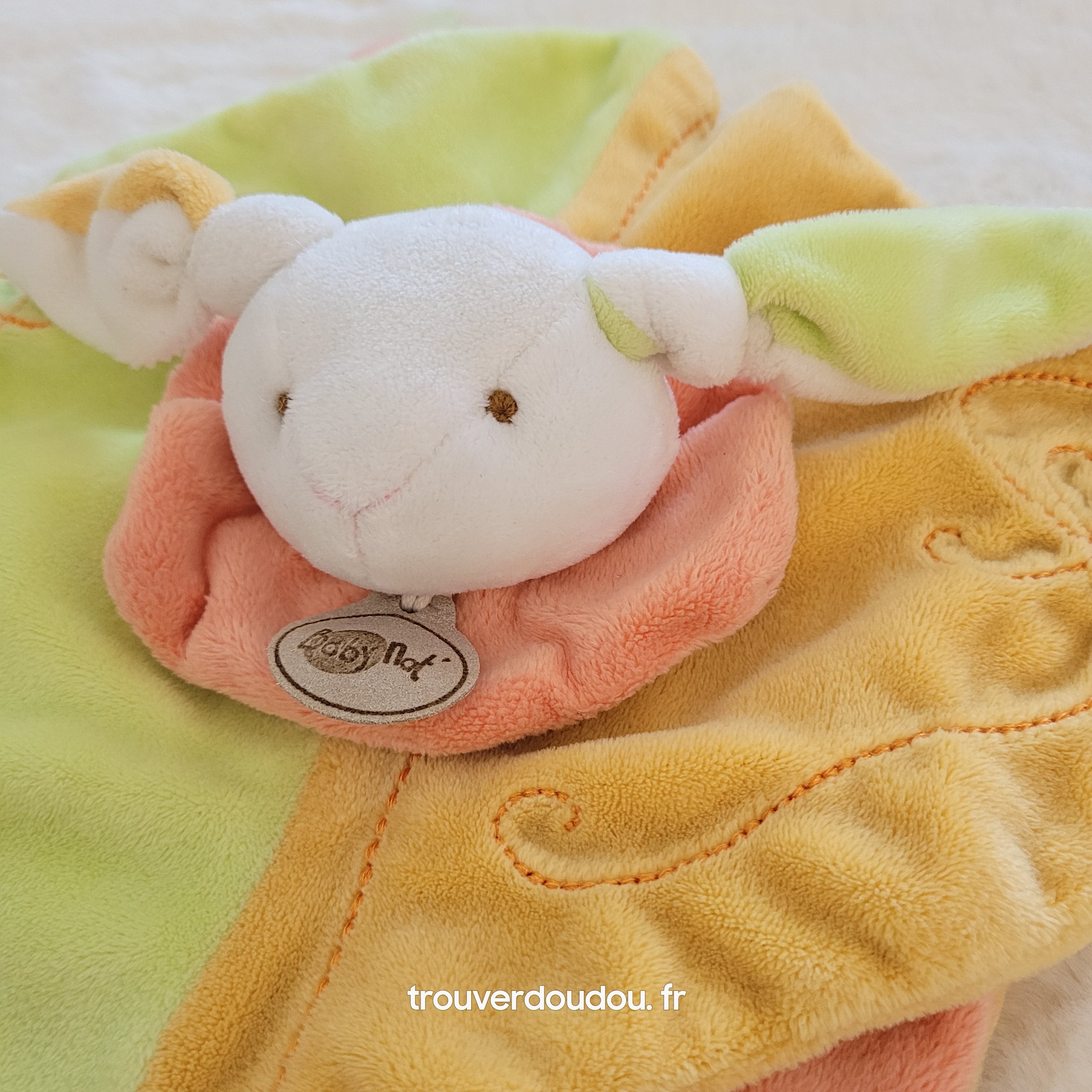Doudou Plat Ours Vert - Baby Nat' - Carré Mouchoir Brodé - Très Bon État