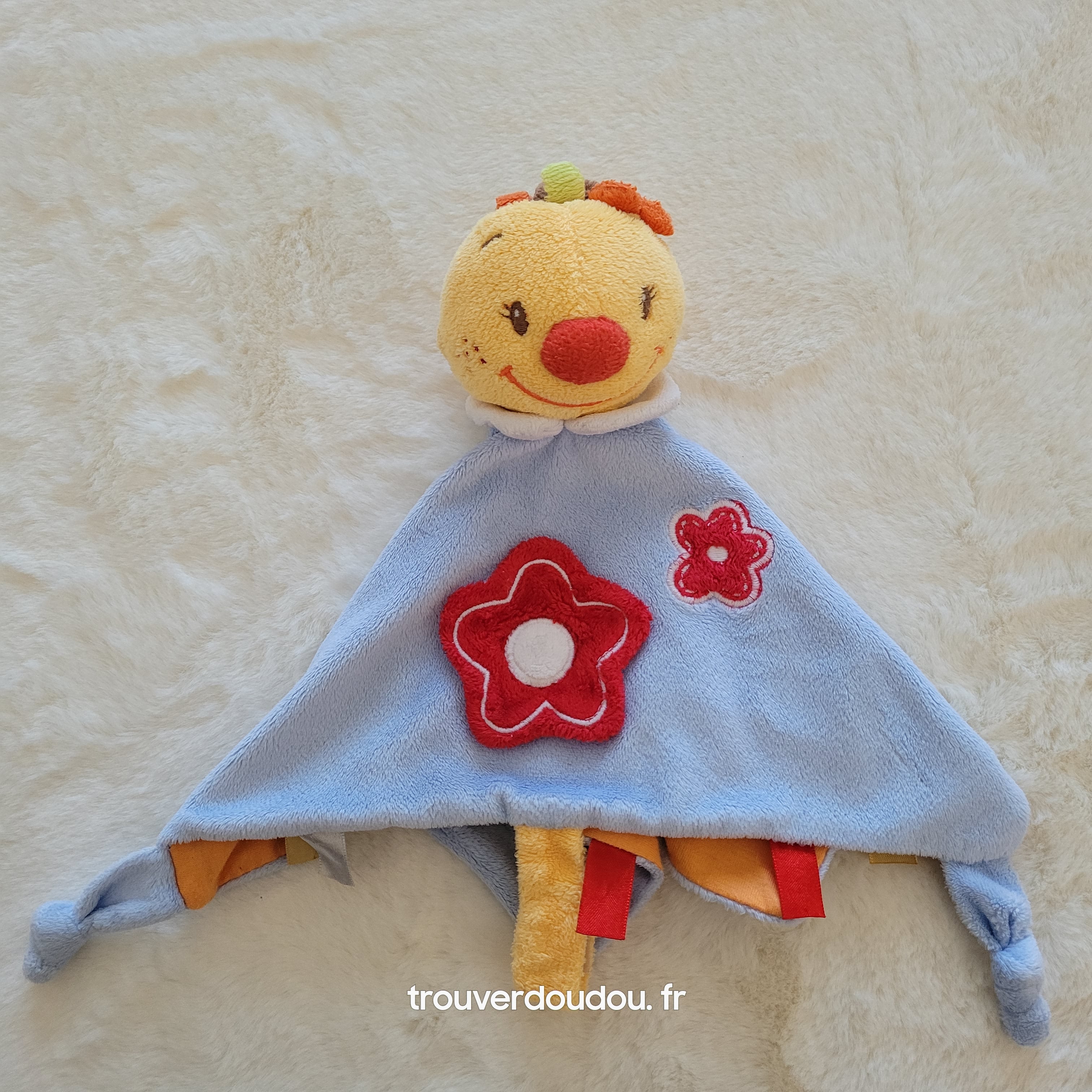 Doudou Plat Lutin "Tim" Bleu, Rouge et Orange avec Fleurs - Nattou - État Comme Neuf