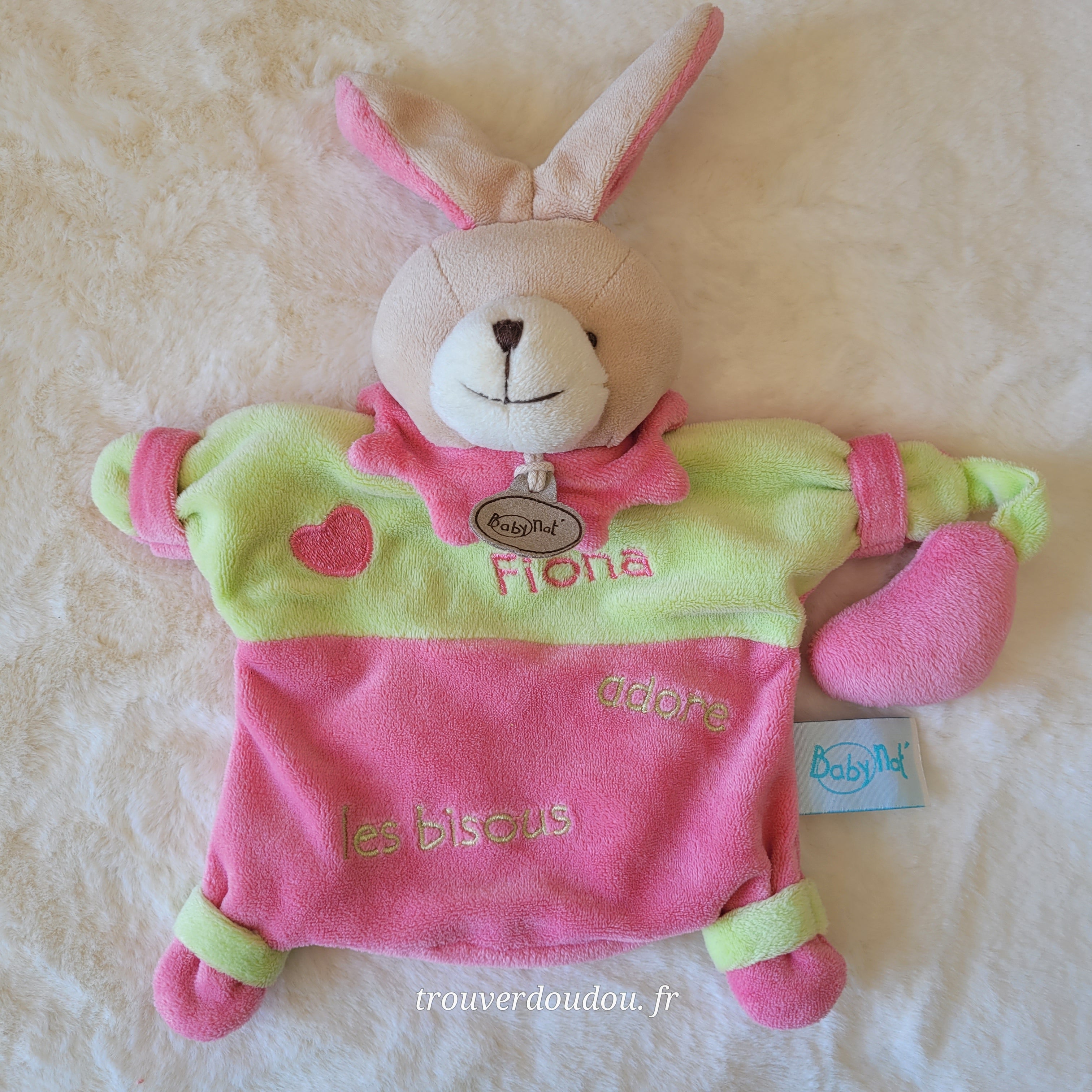 Doudou Marionnette Lapin "Fiona adore les bisous" Vert et Rose - Baby Nat' - Très Bon État