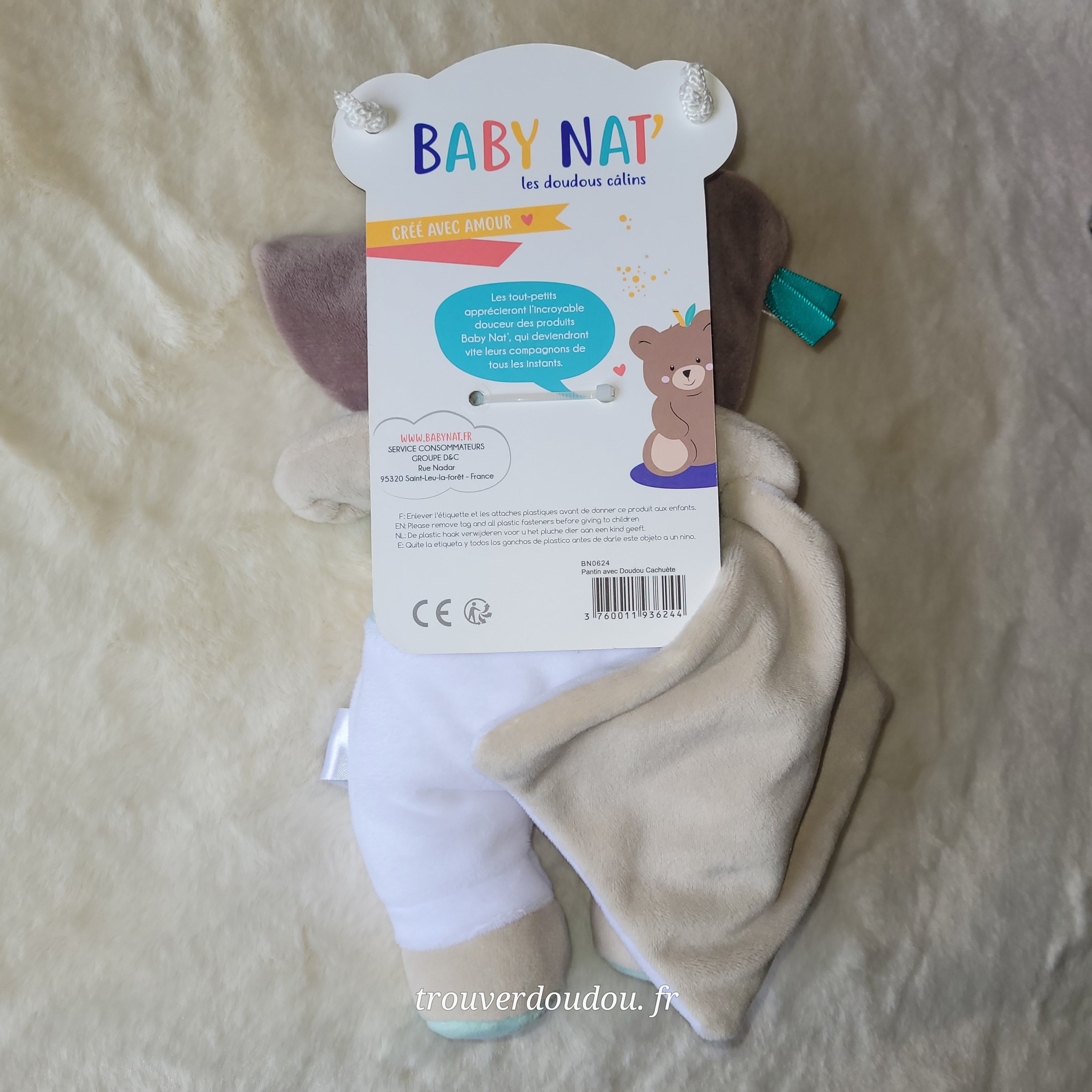 Doudou Neuf Pantin Éléphant "Cacahouète" - Baby Nat' (BN0624)