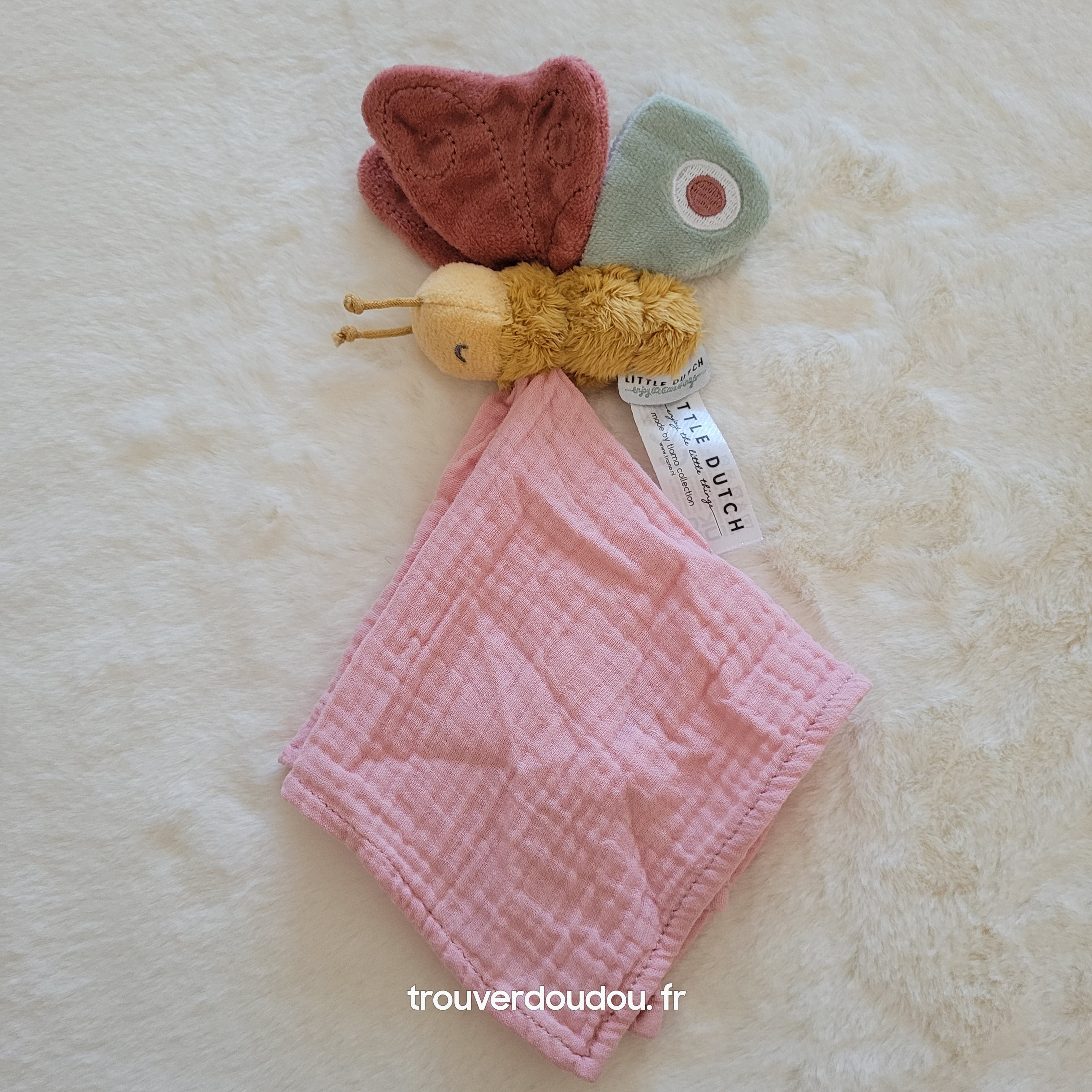 Doudou Plat Papillon en Lange Rose et Anneau de Dentition Oiseau - Little Dutch - Collection Flowers & Butterflies