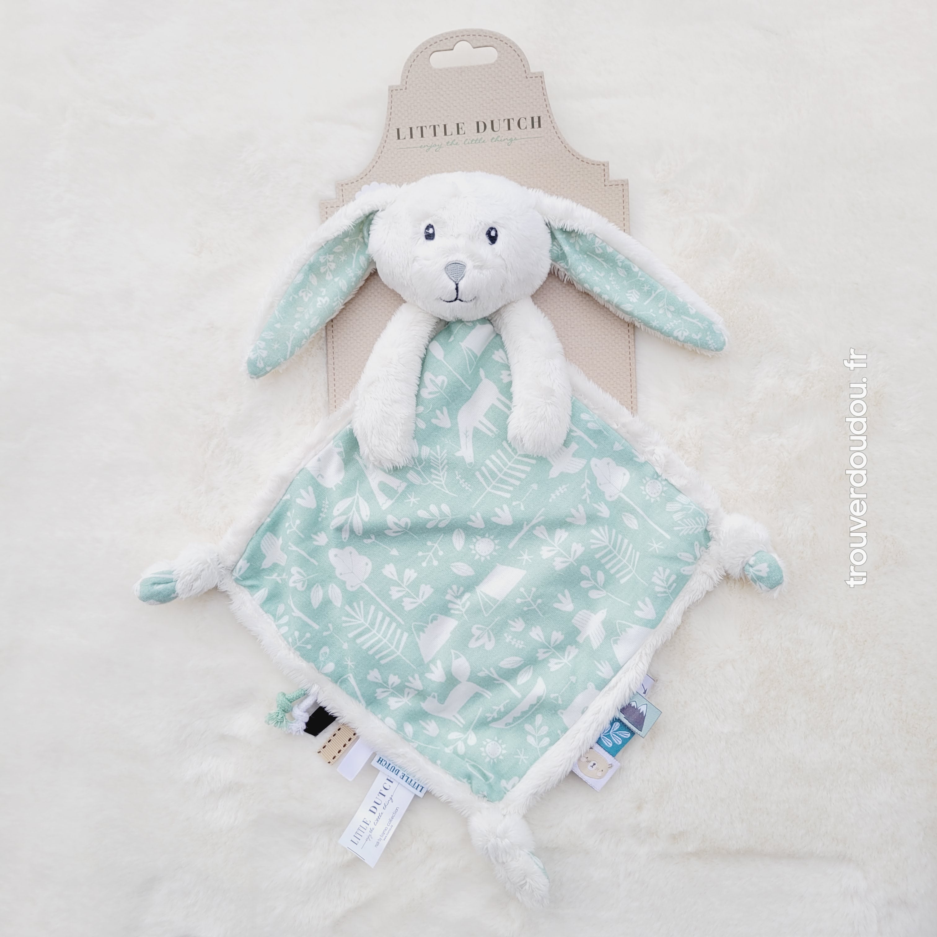 Doudou plat Lapin blanc et vert menthe Little Dutch - Neuf avec étiquette