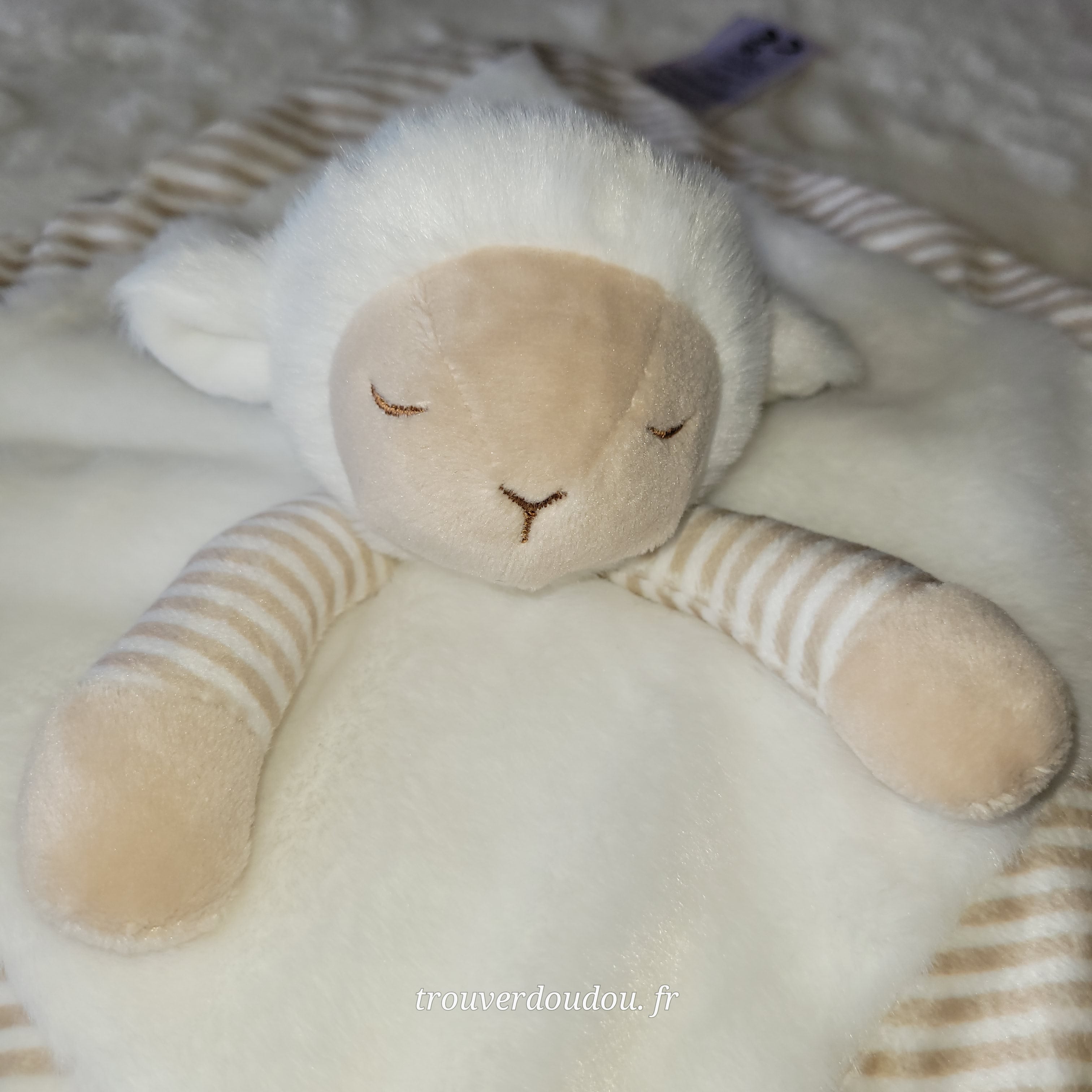 Doudou Plat Mouton Beige et Blanc Rayé - Obaïbi (Okaïdi) - Très Bon État