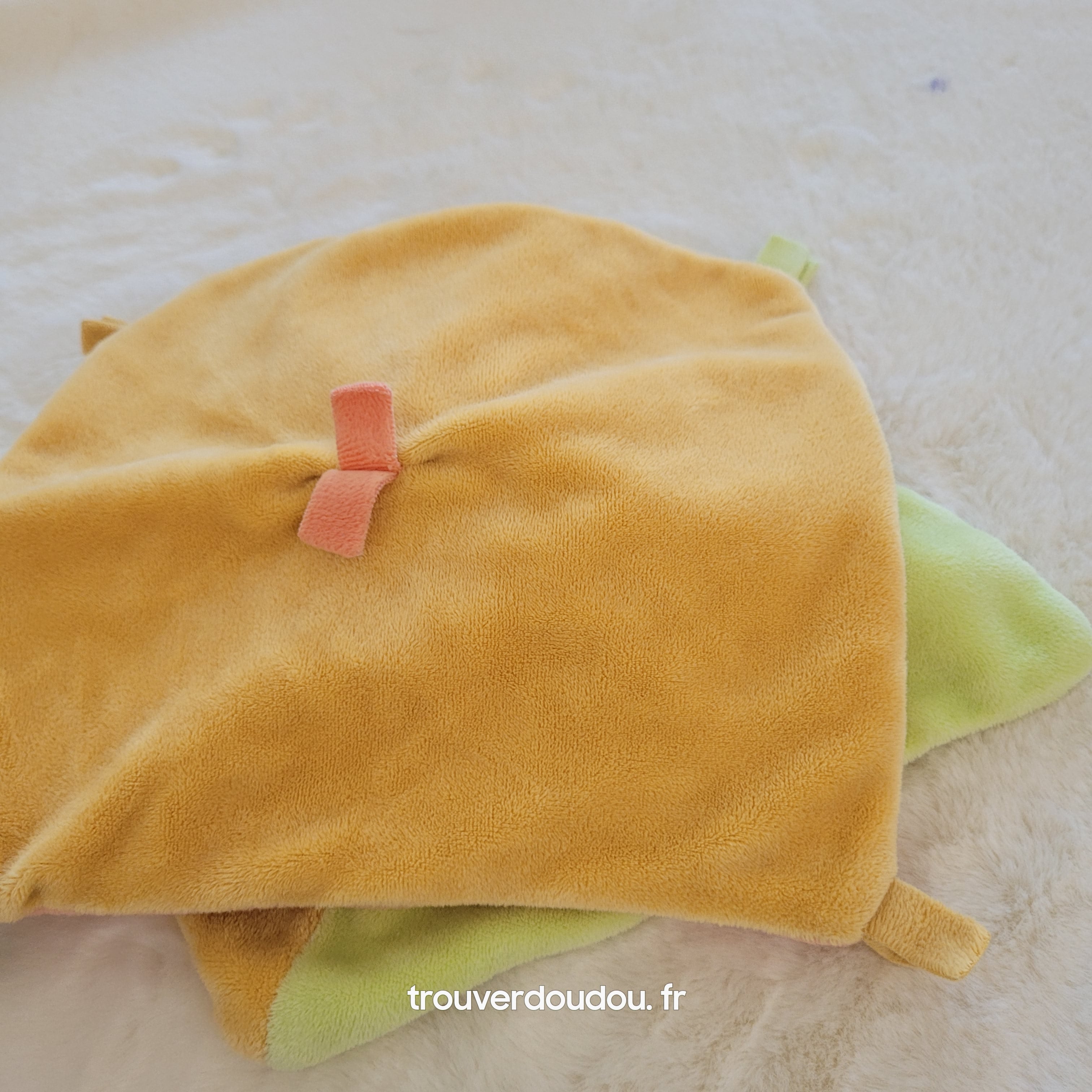 Doudou Plat Ours Vert - Baby Nat' - Carré Mouchoir Brodé - Très Bon État