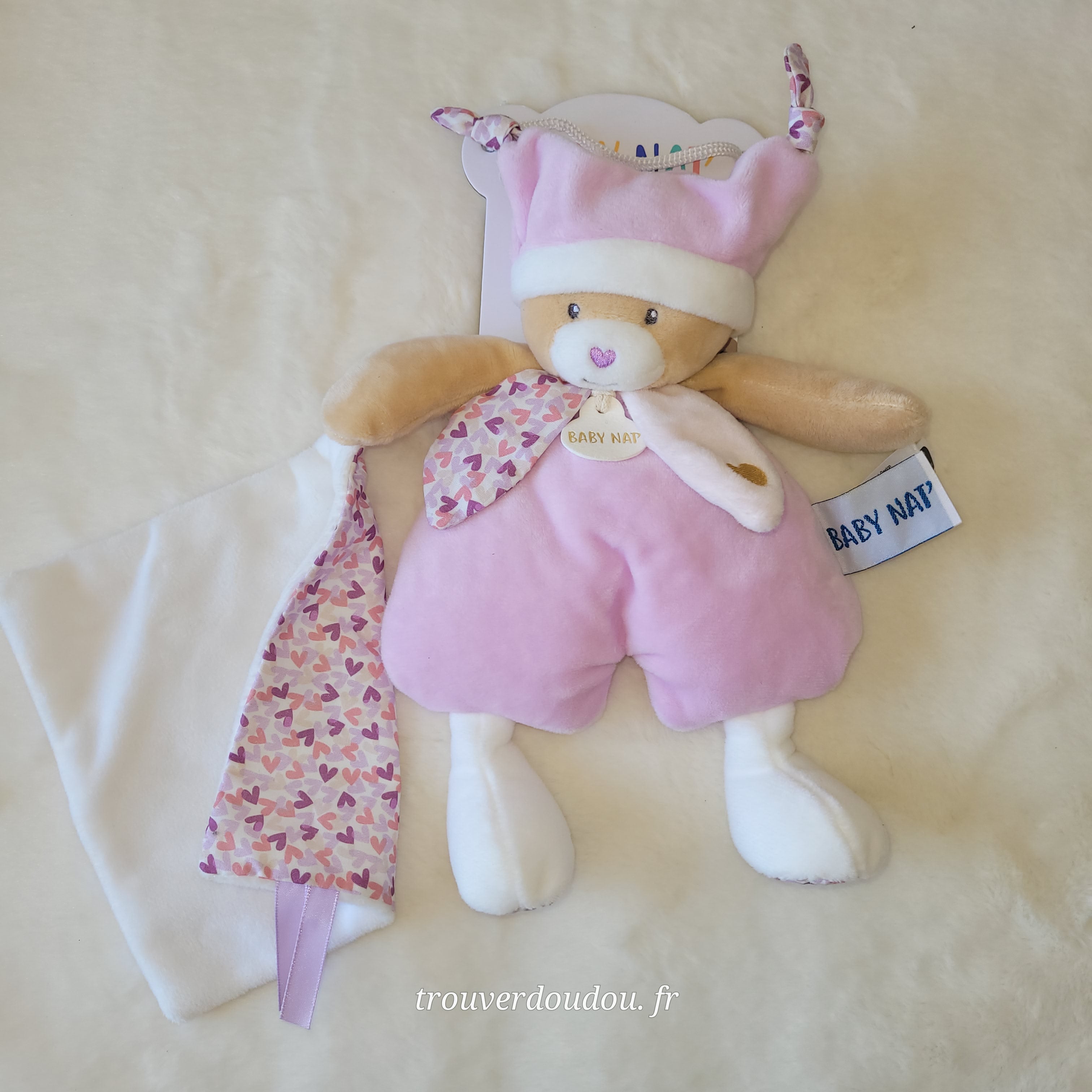 Doudou Pantin Ourson avec Brioche Rose - Baby Nat' - BN6140 - NEUF BN6140