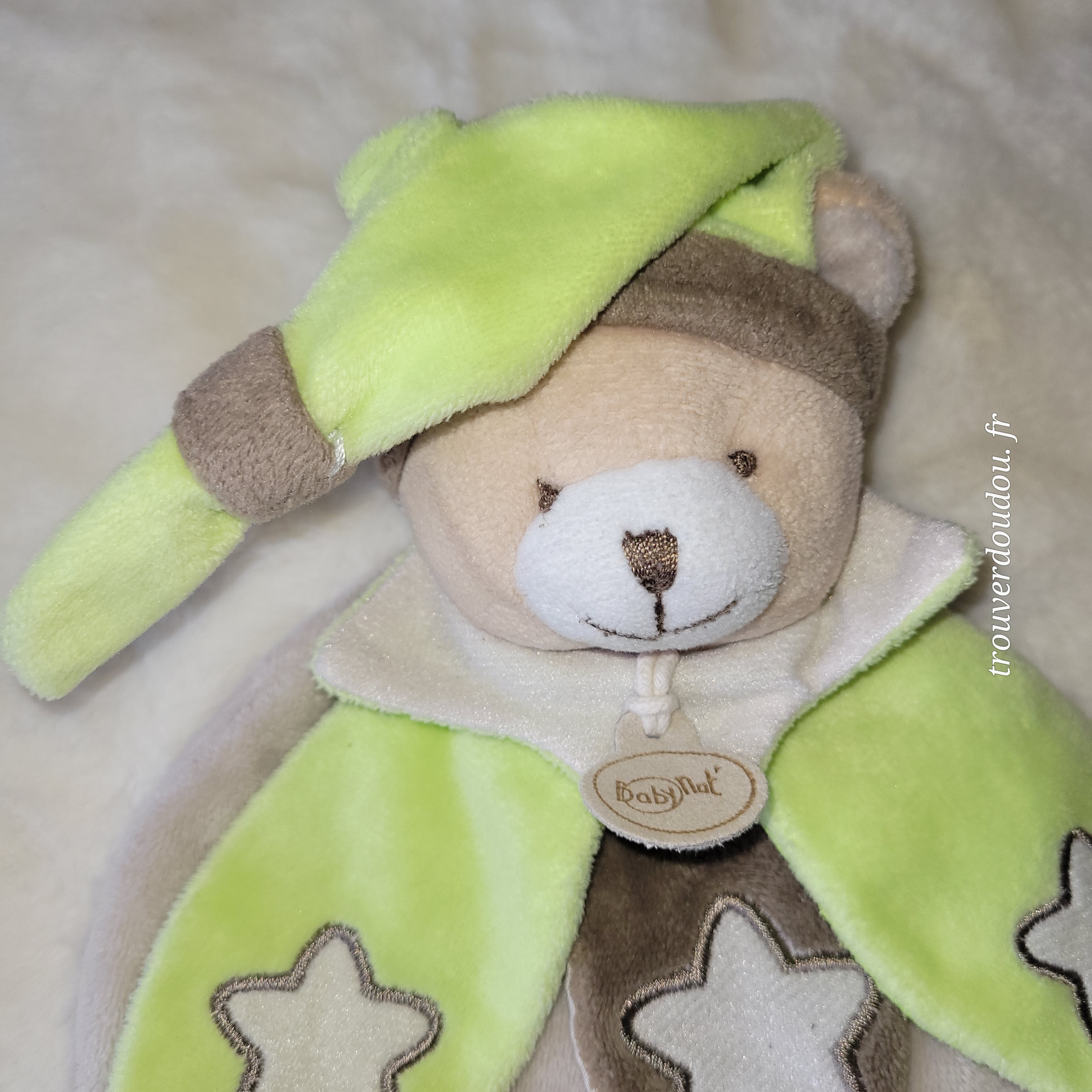 Doudou Pantin Ours "Les Étoiles" Vert et Beige - Baby Nat' - Très Bon État