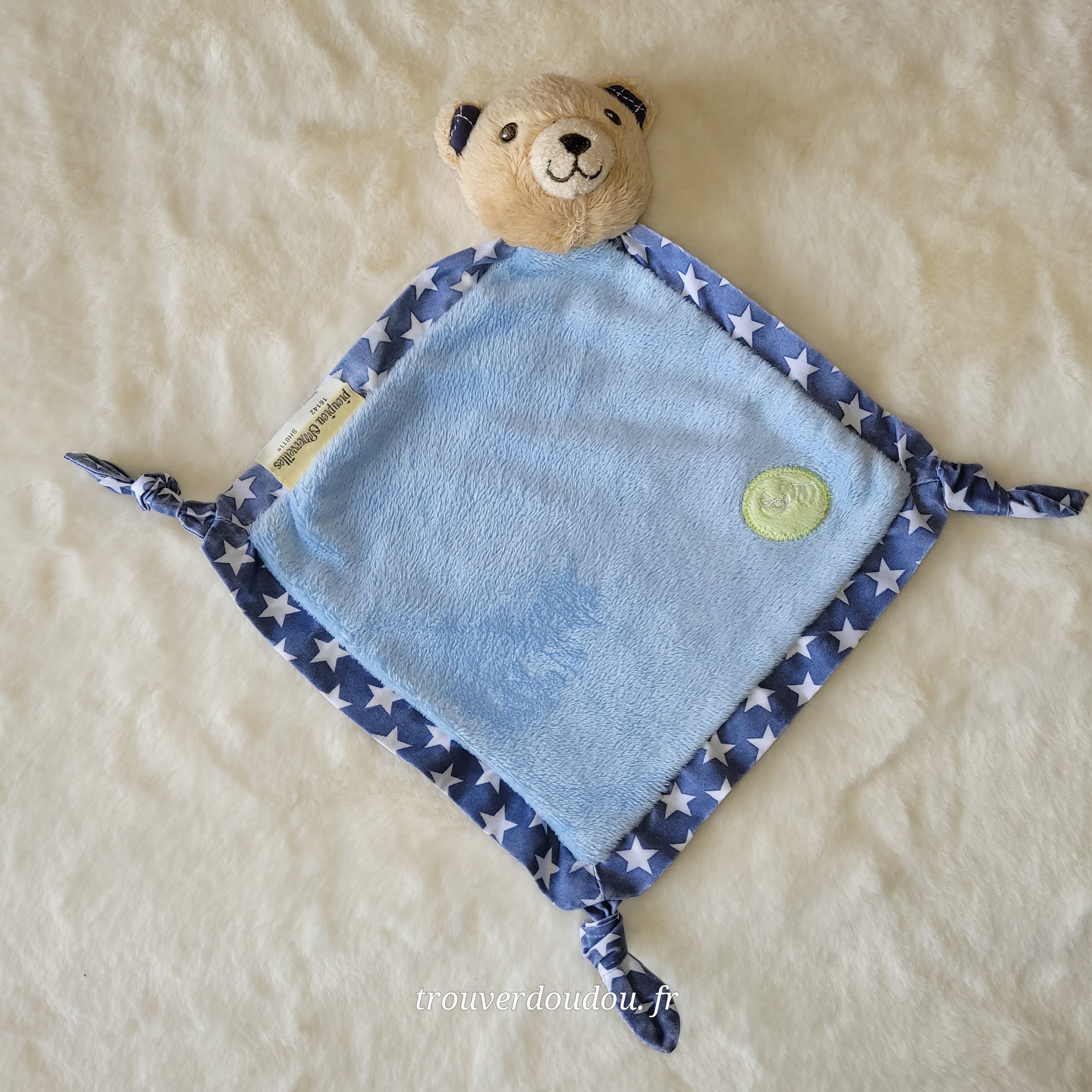 Doudou Plat Ours Bleu Ciel et Étoiles - Pioupiou et Merveilles - Occasion Très Bon État