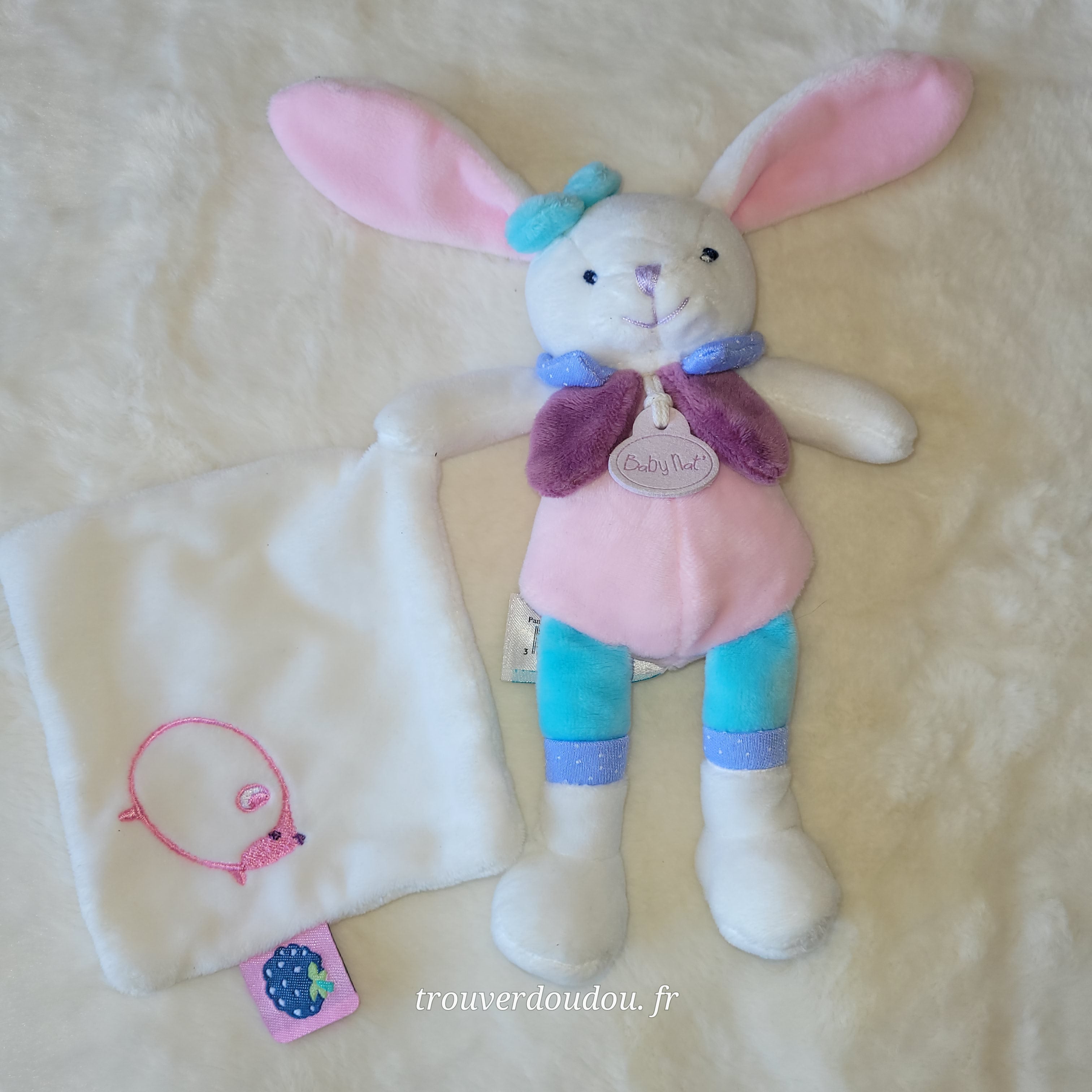 Doudou Pantin Lapin Rose "Berry" - Baby Nat' - État Comme NEUF BN0241
