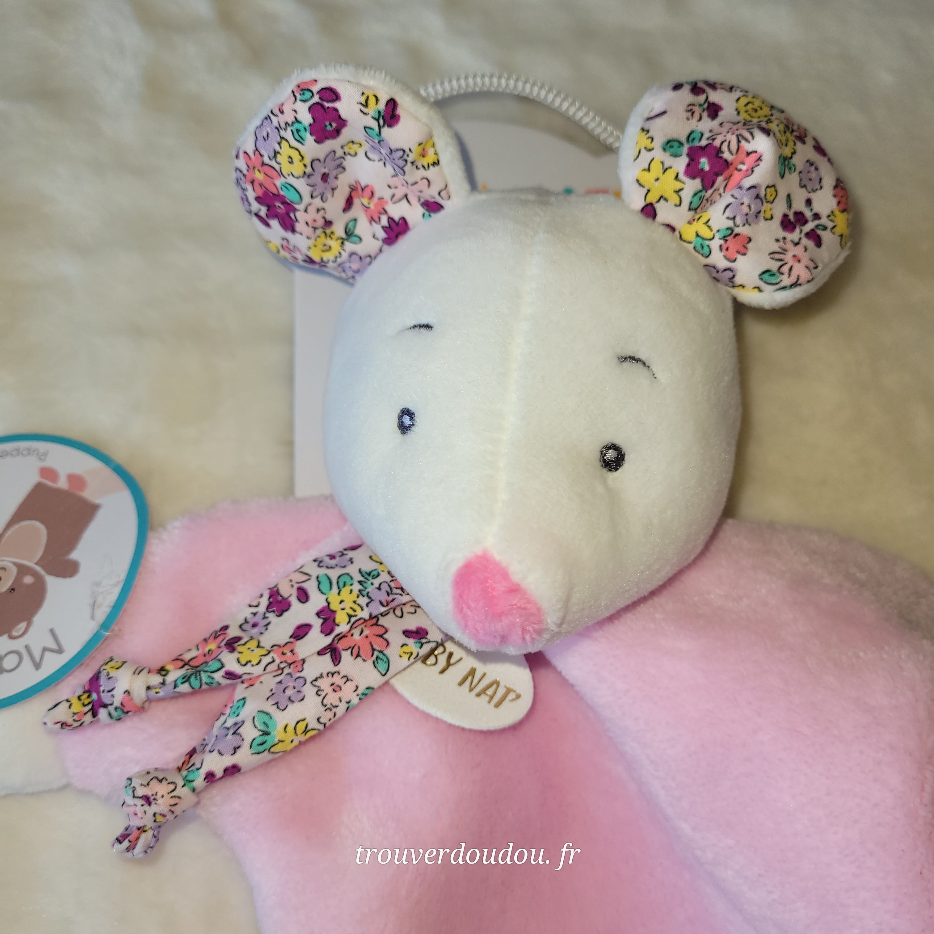 Doudou Marionnette Souris Rose et Fleurs - Baby Nat' - NEUF BN6174