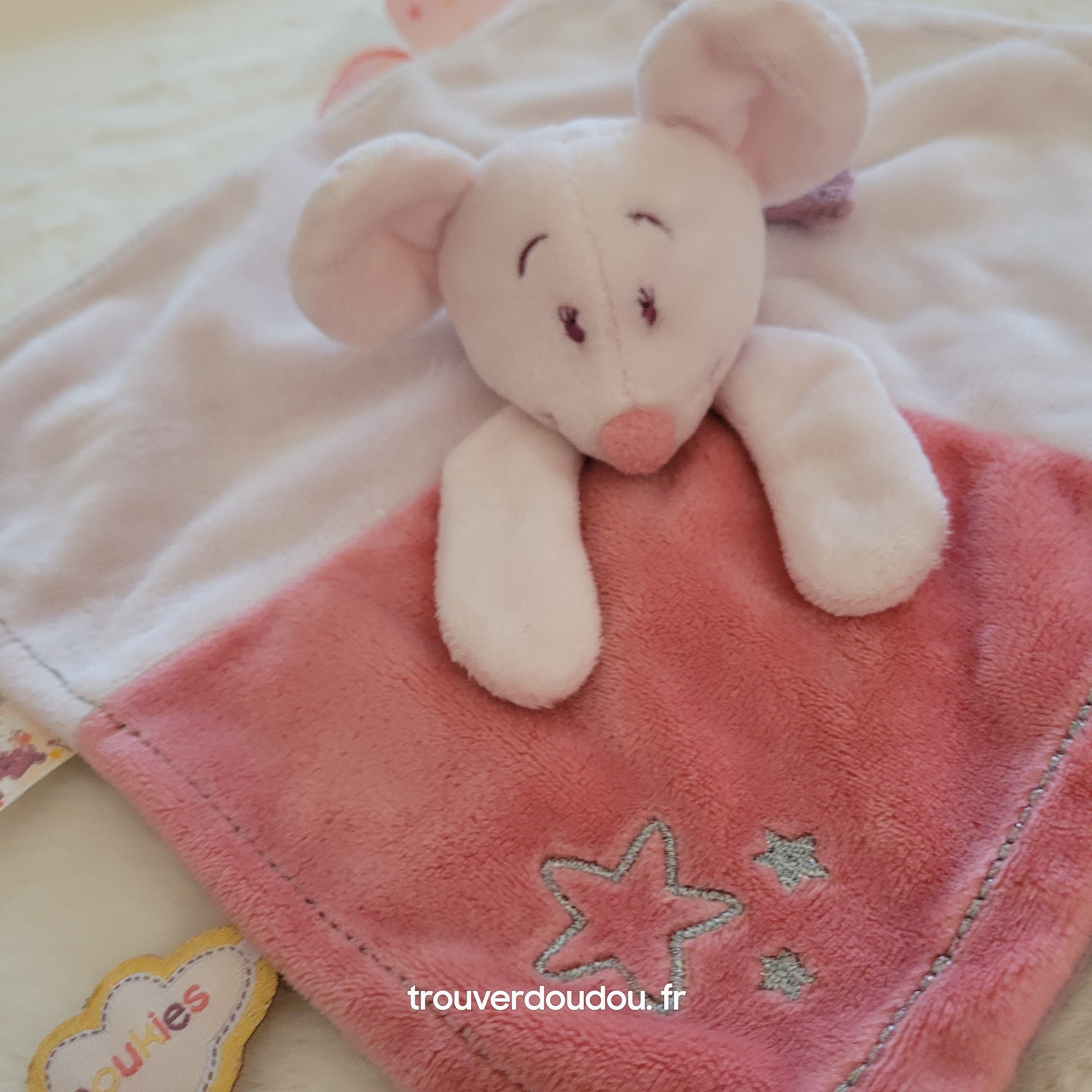 Doudou plat attache-sucette Souris Mia rose poudré - Noukie's Très bon état