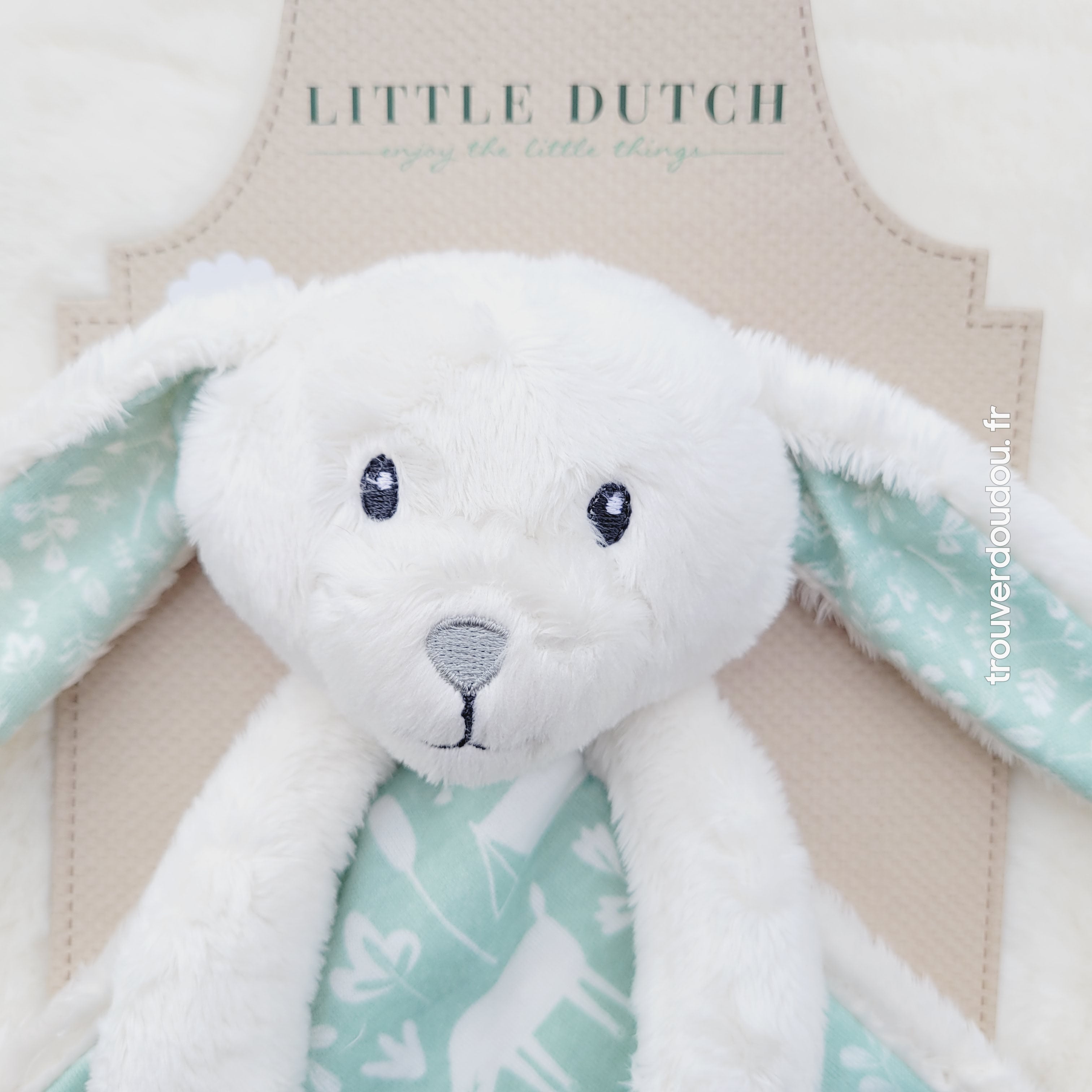 Doudou plat Lapin blanc et vert menthe Little Dutch - Neuf avec étiquette