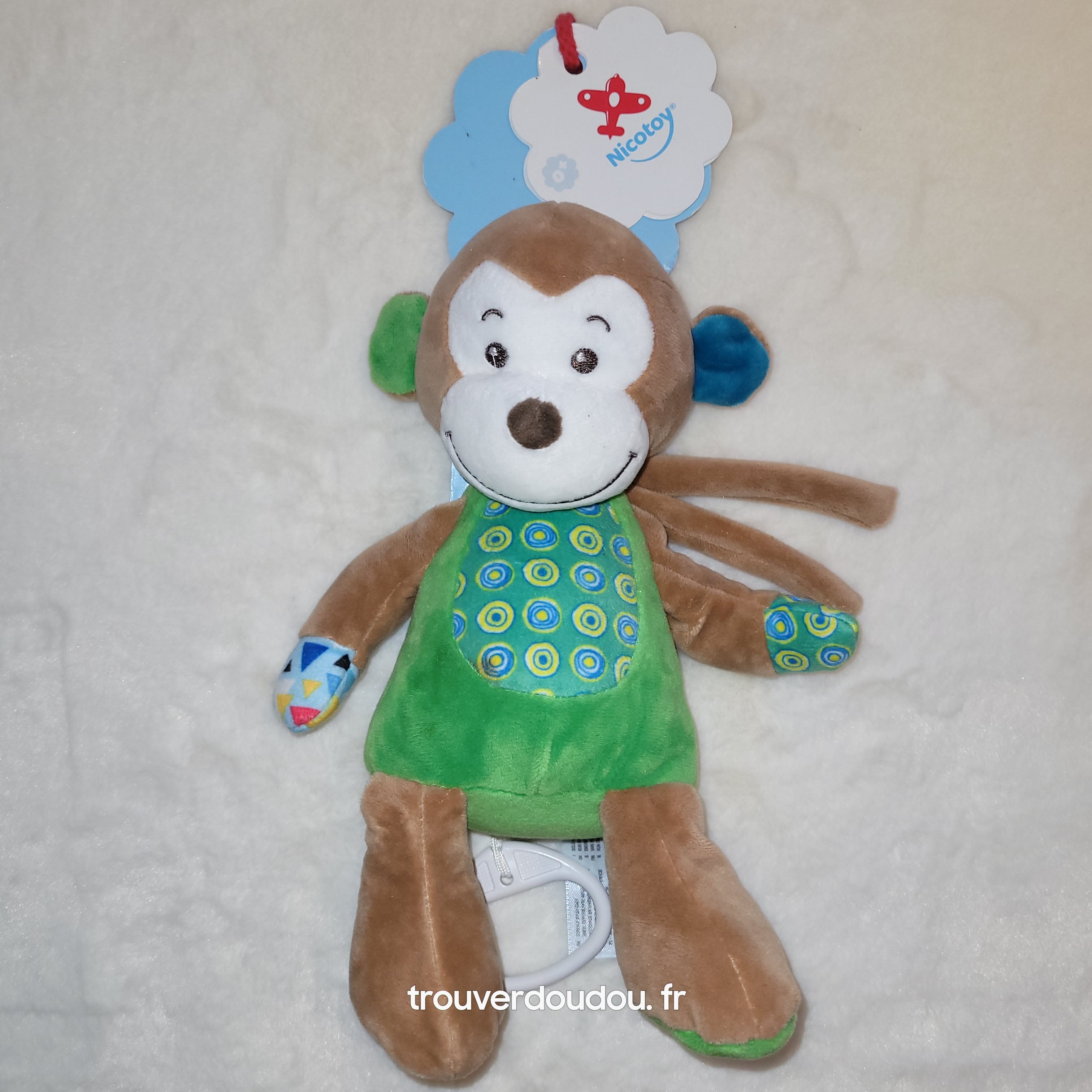 Peluche Boite à Musique Singe Vert et Marron - Nicotoy - Neuf avec étiquette -RARE