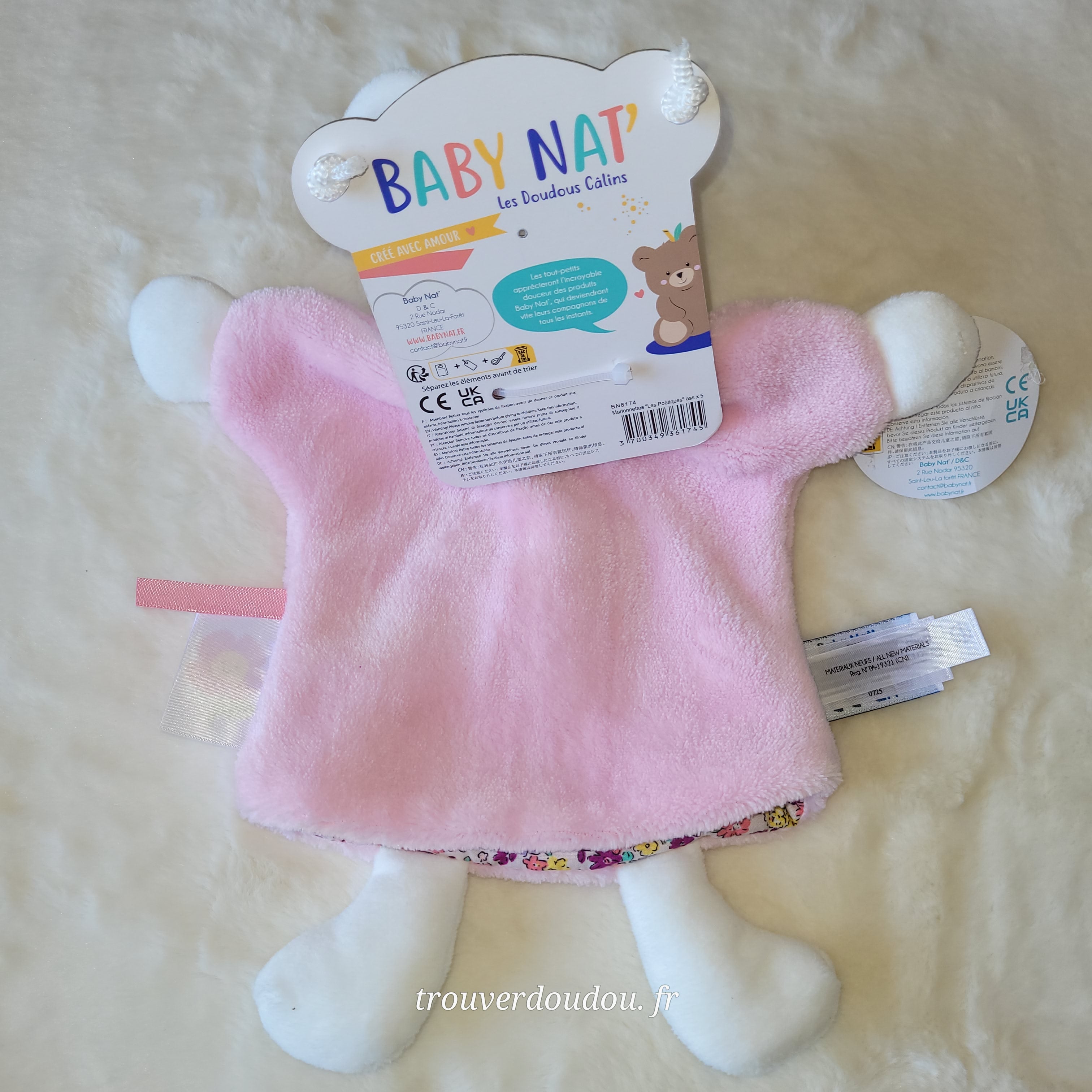 Doudou Marionnette Souris Rose et Fleurs - Baby Nat' - NEUF BN6174